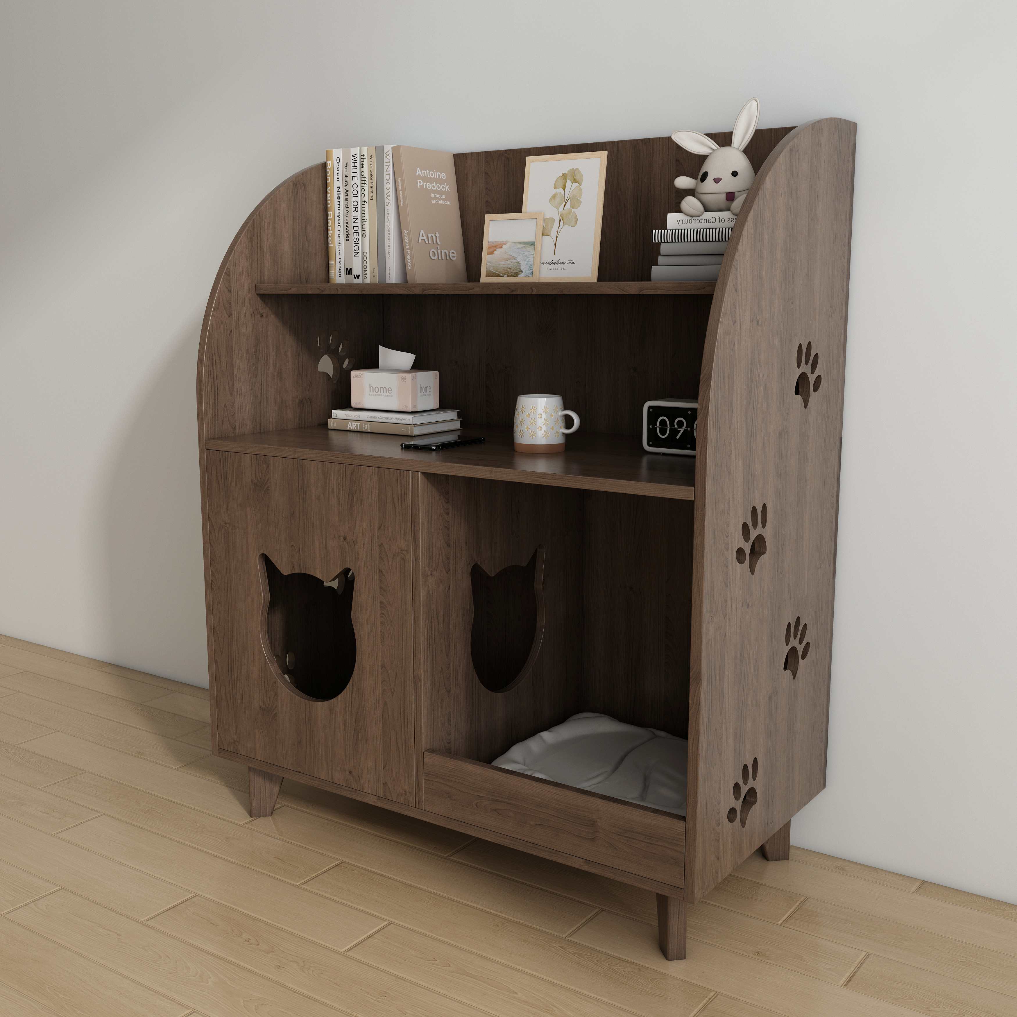 Wooden Cat House Bookshelf | 2-in-1 Cat Litter Box Enclosure with Storage