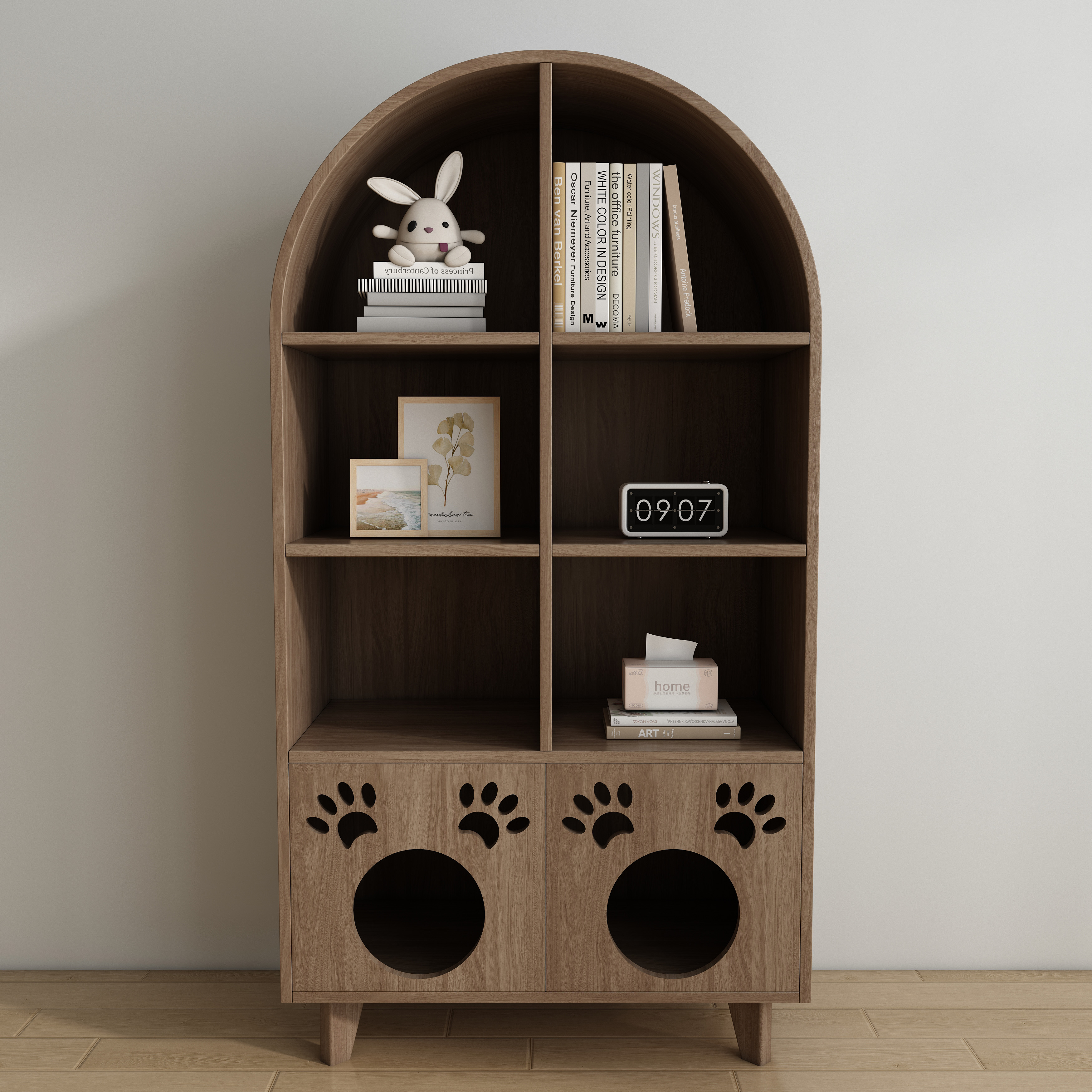 Wooden Double Cat House Bookshelf | 2-in-1 Cat Litter Box Enclosure with Storage