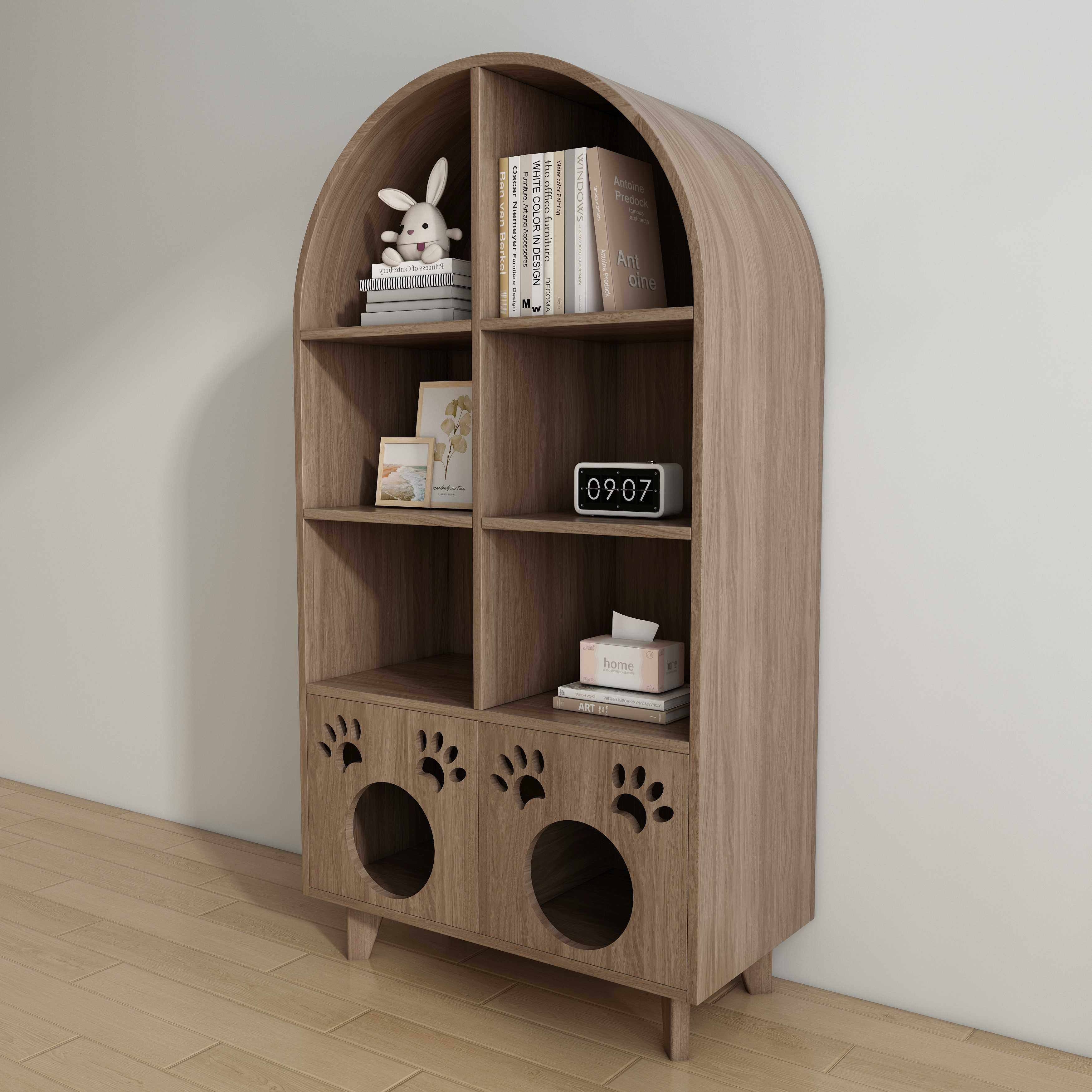 Wooden Double Cat House Bookshelf | 2-in-1 Cat Litter Box Enclosure with Storage