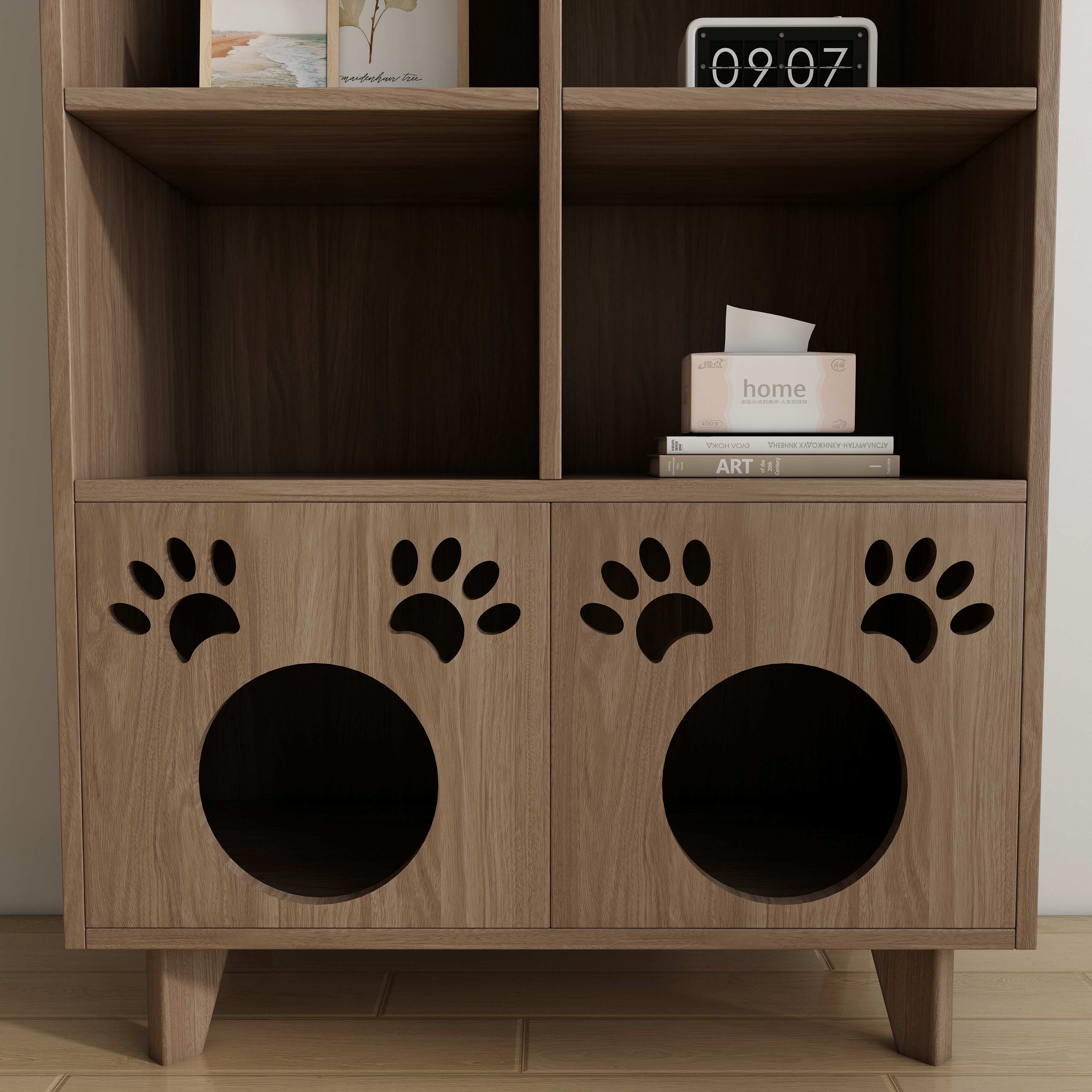 Wooden Double Cat House Bookshelf | 2-in-1 Cat Litter Box Enclosure with Storage