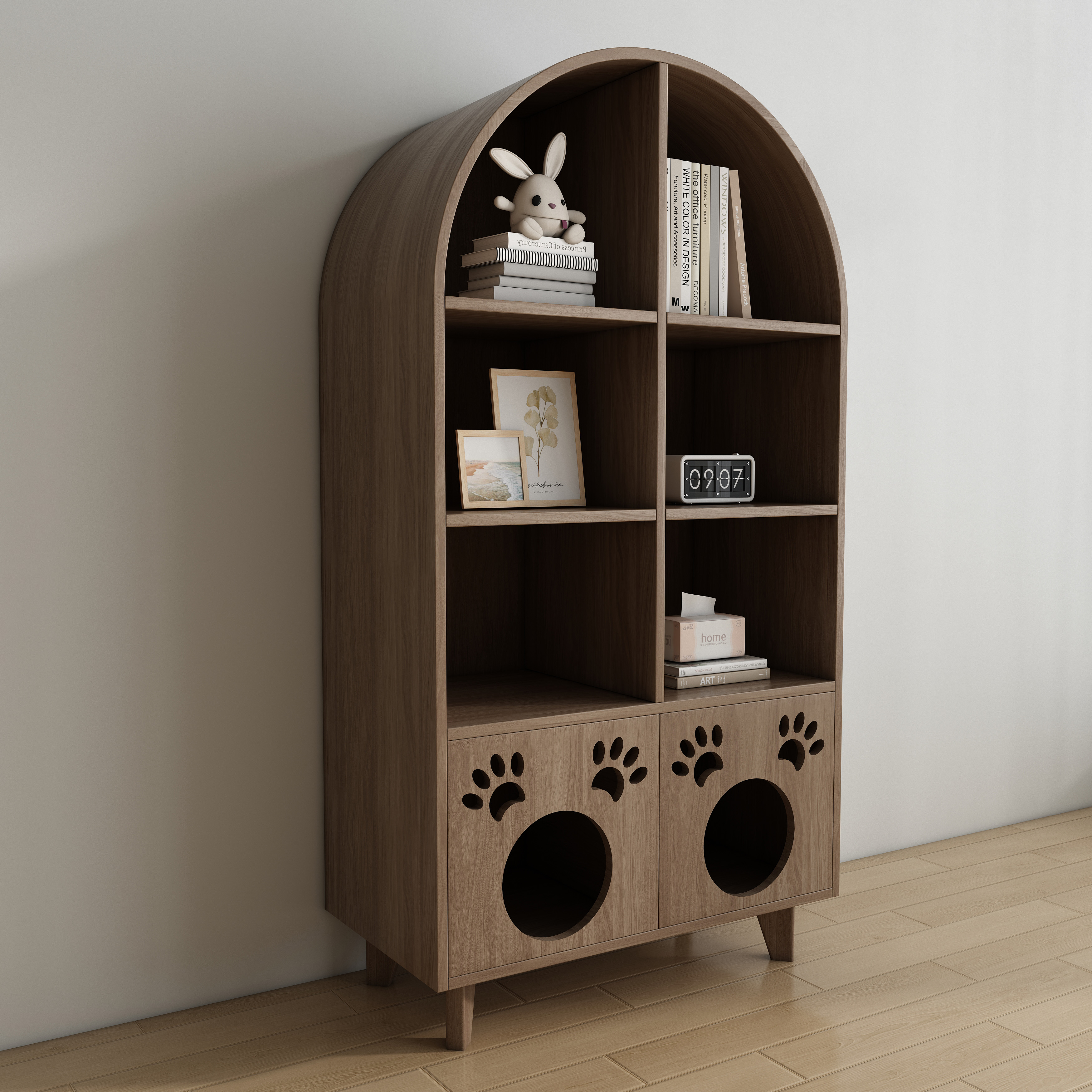 Wooden Double Cat House Bookshelf | 2-in-1 Cat Litter Box Enclosure with Storage