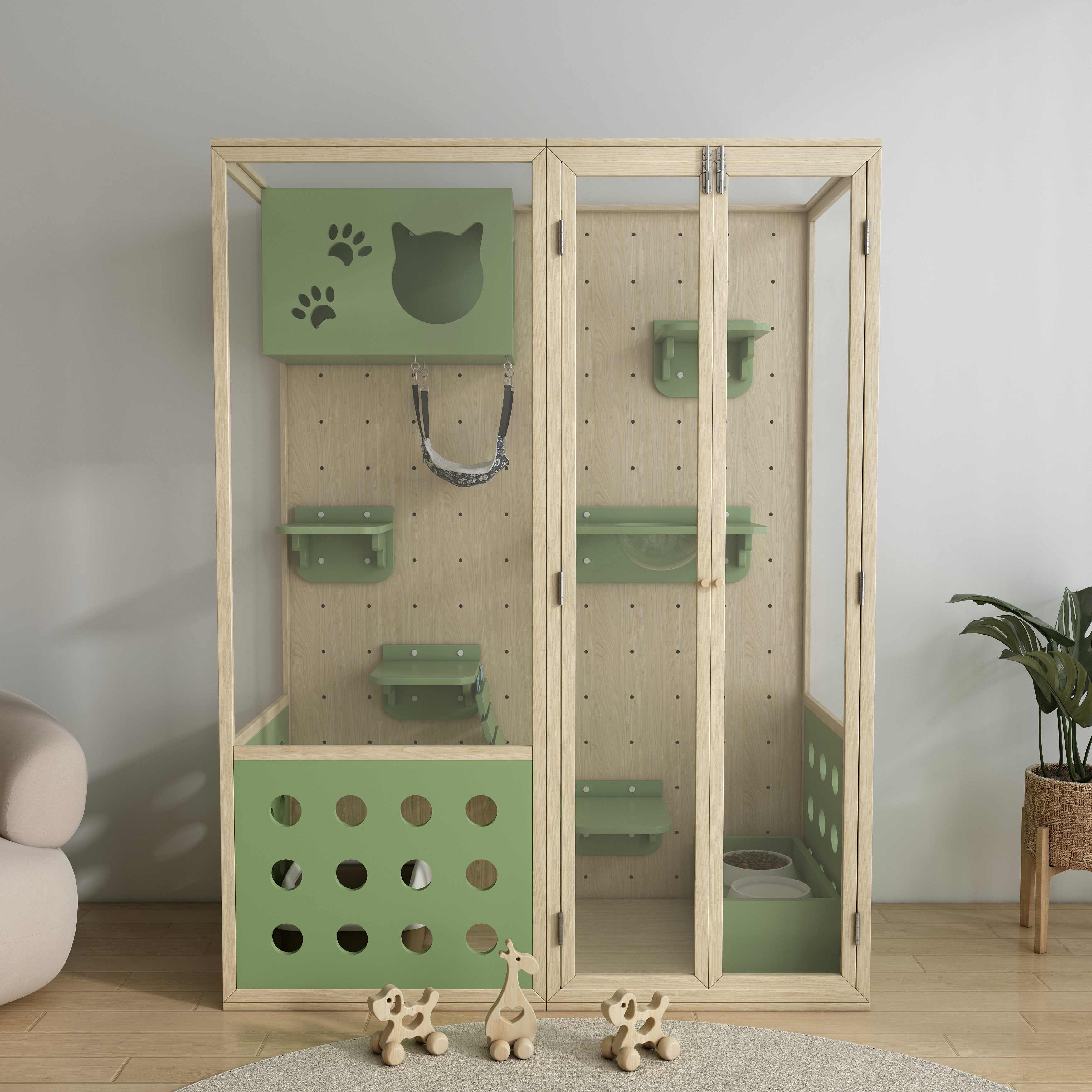 Large Wooden Cat Villa Cage | Modular Cat Enclosure with Hammock & Perches