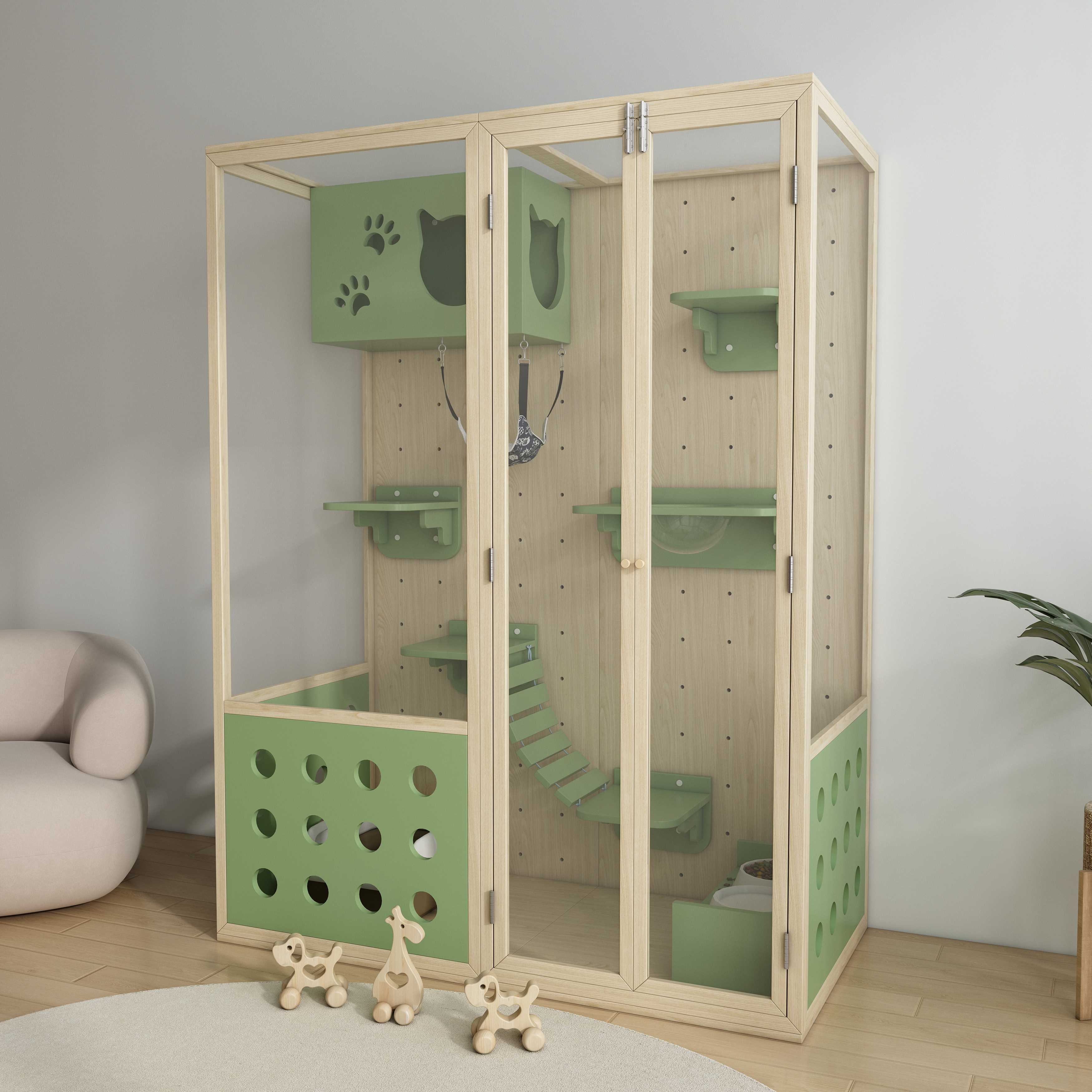 Large Wooden Cat Villa Cage | Modular Cat Enclosure with Hammock & Perches