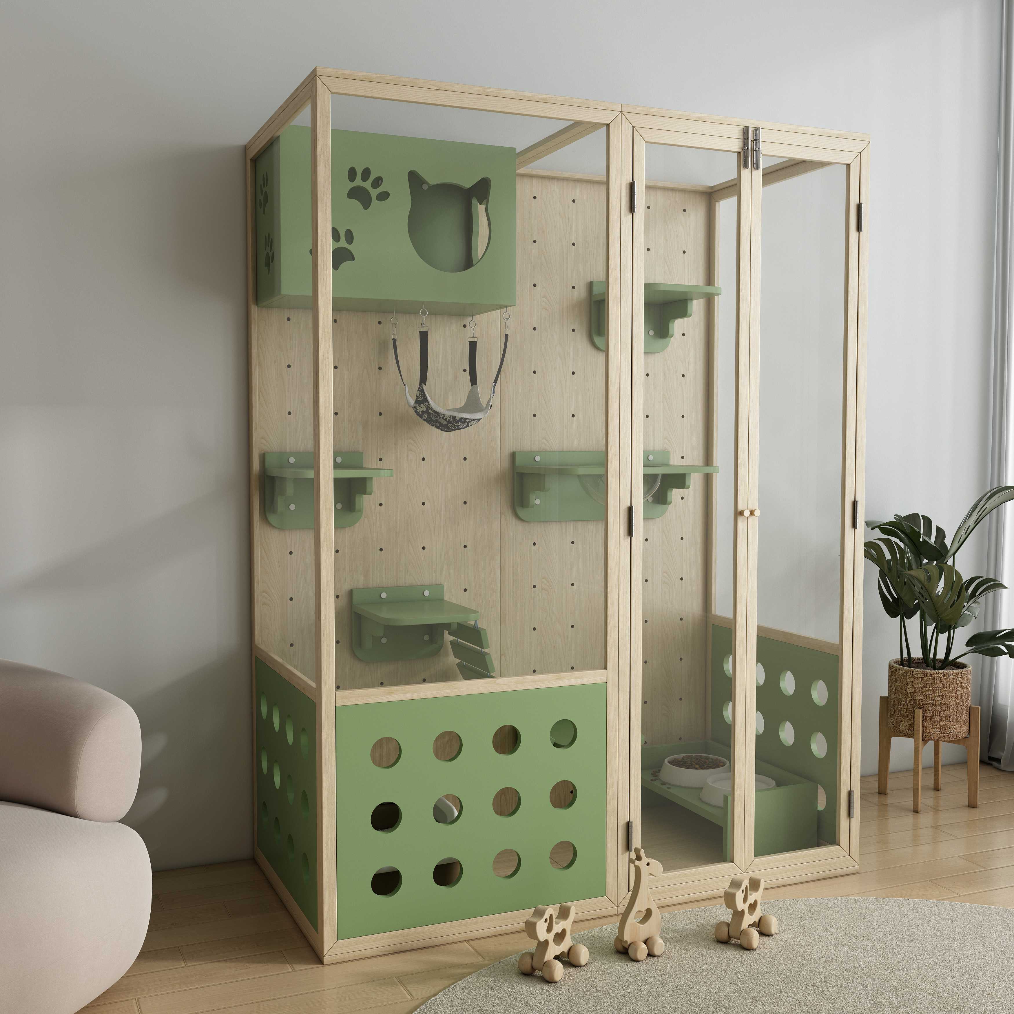 Large Wooden Cat Villa Cage | Modular Cat Enclosure with Hammock & Perches