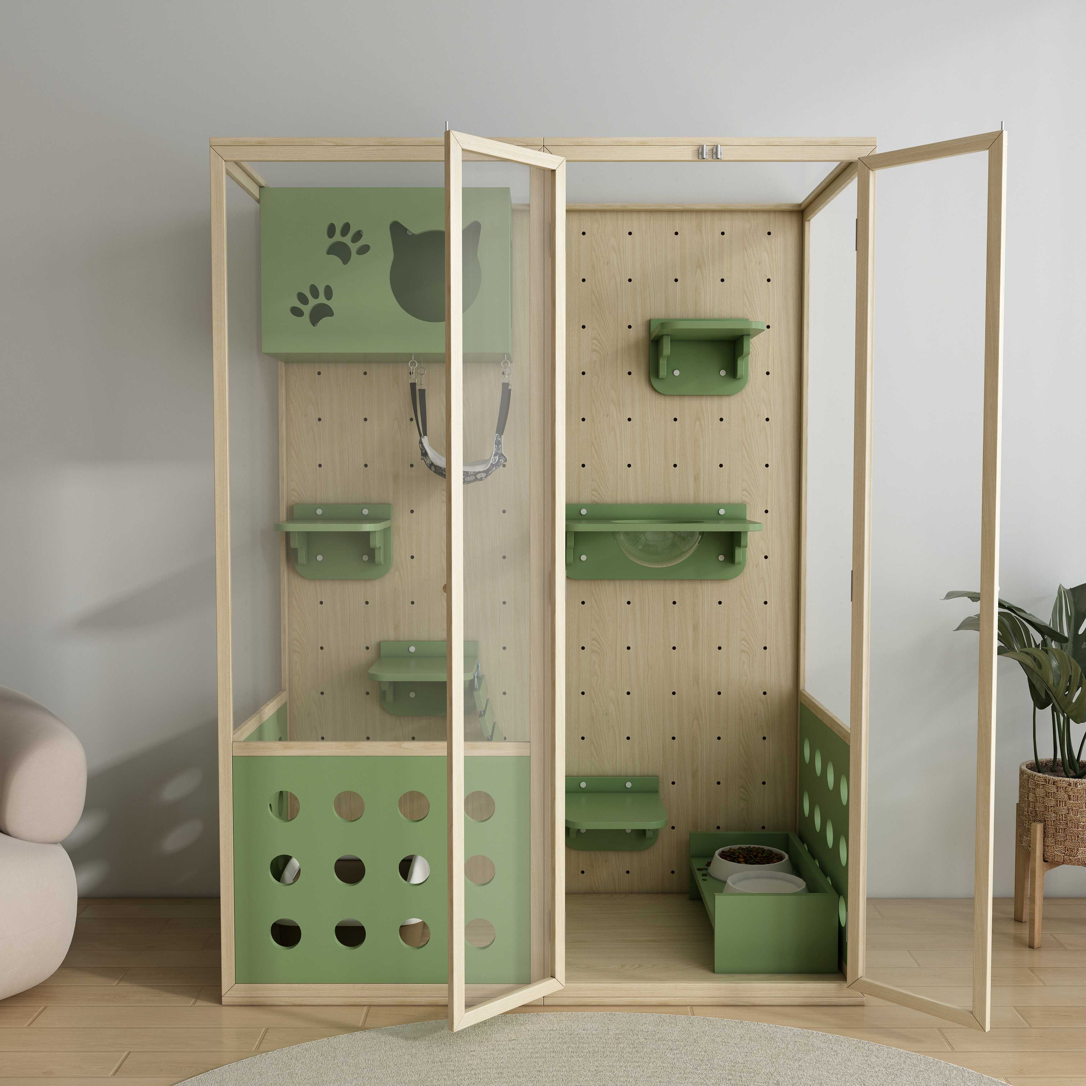 Large Wooden Cat Villa Cage | Modular Cat Enclosure with Hammock & Perches