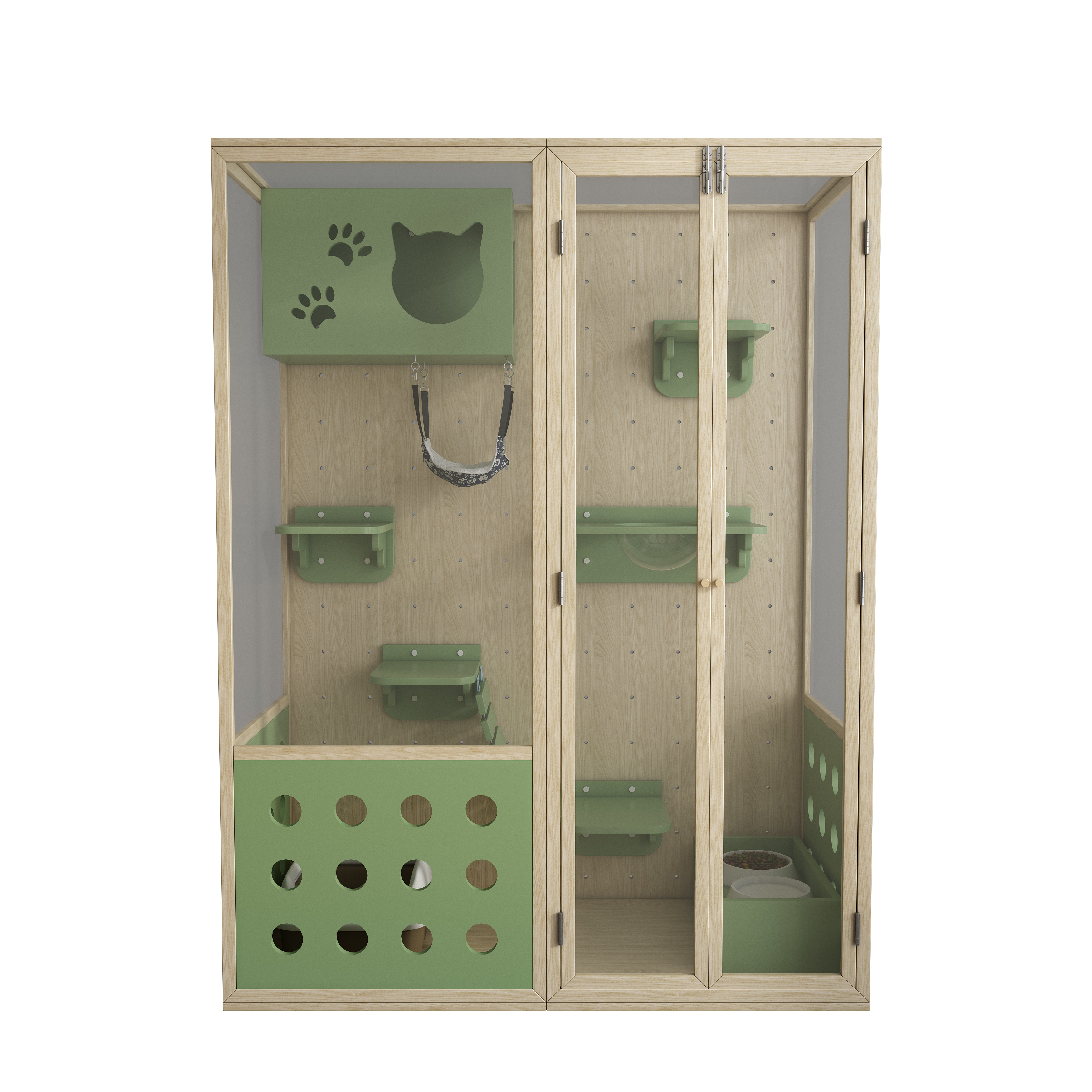 Large Wooden Cat Villa Cage | Modular Cat Enclosure with Hammock & Perches