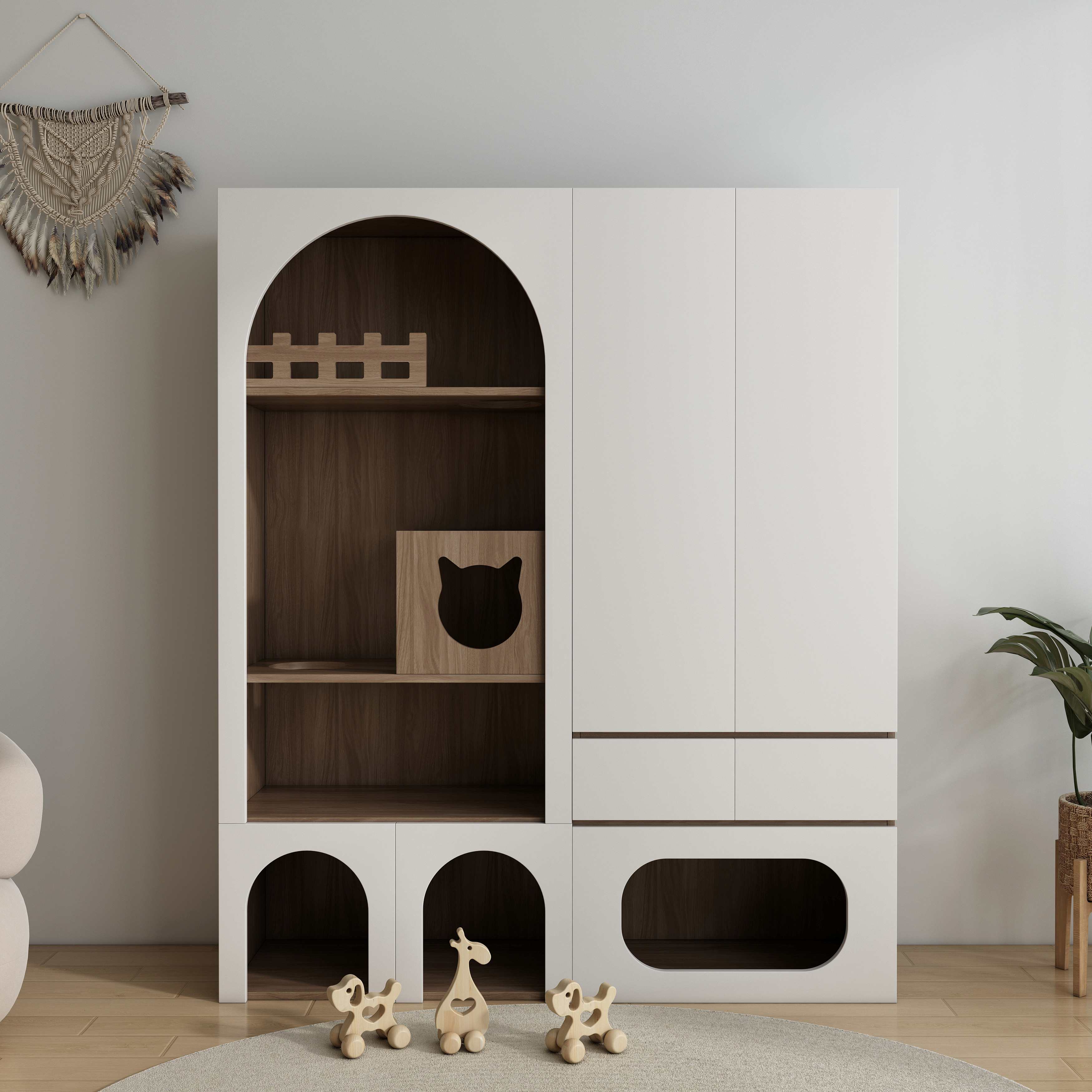 Modern White Cat House Cabinet | Multi-Cat Litter Box Enclosure with Storage