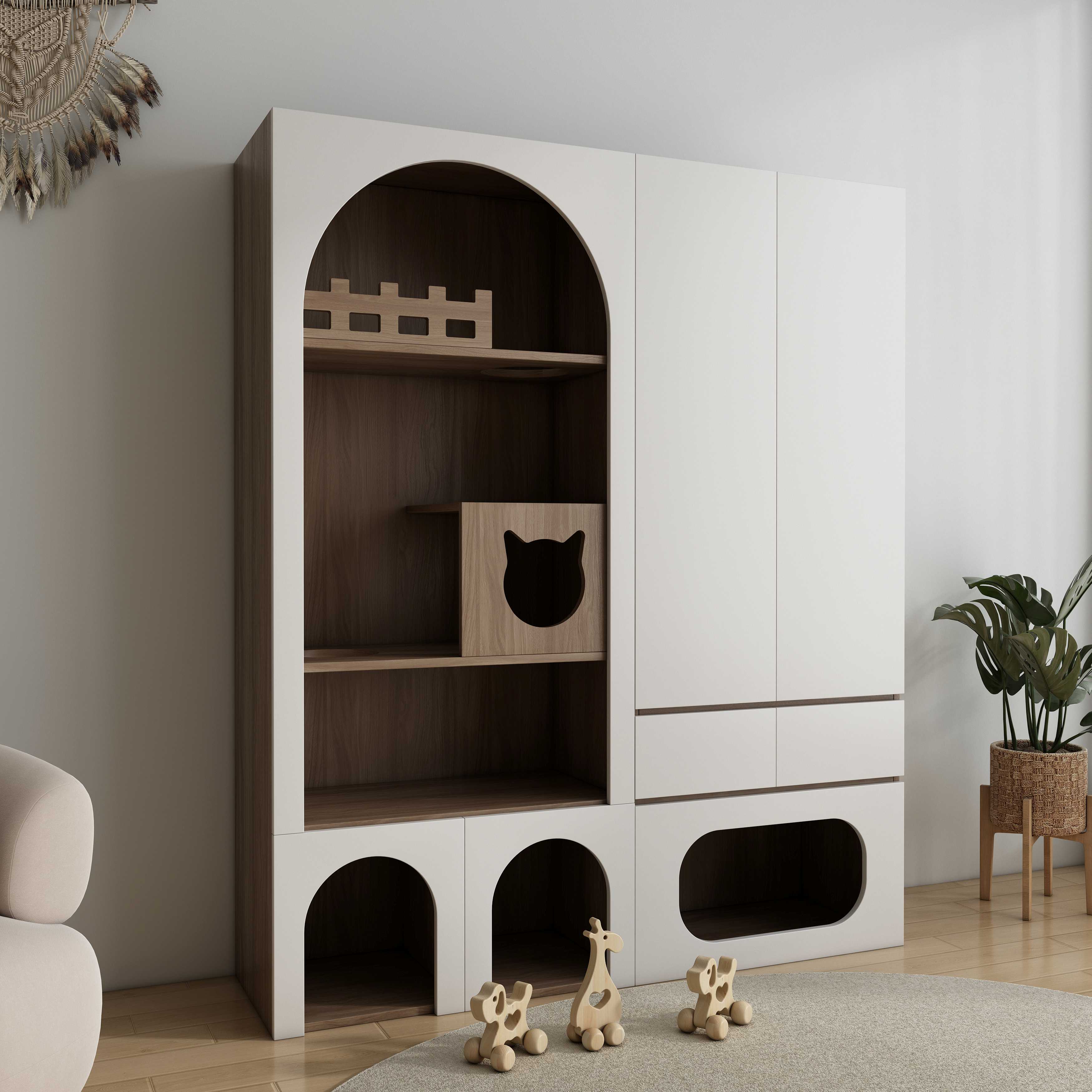Modern White Cat House Cabinet | Multi-Cat Litter Box Enclosure with Storage