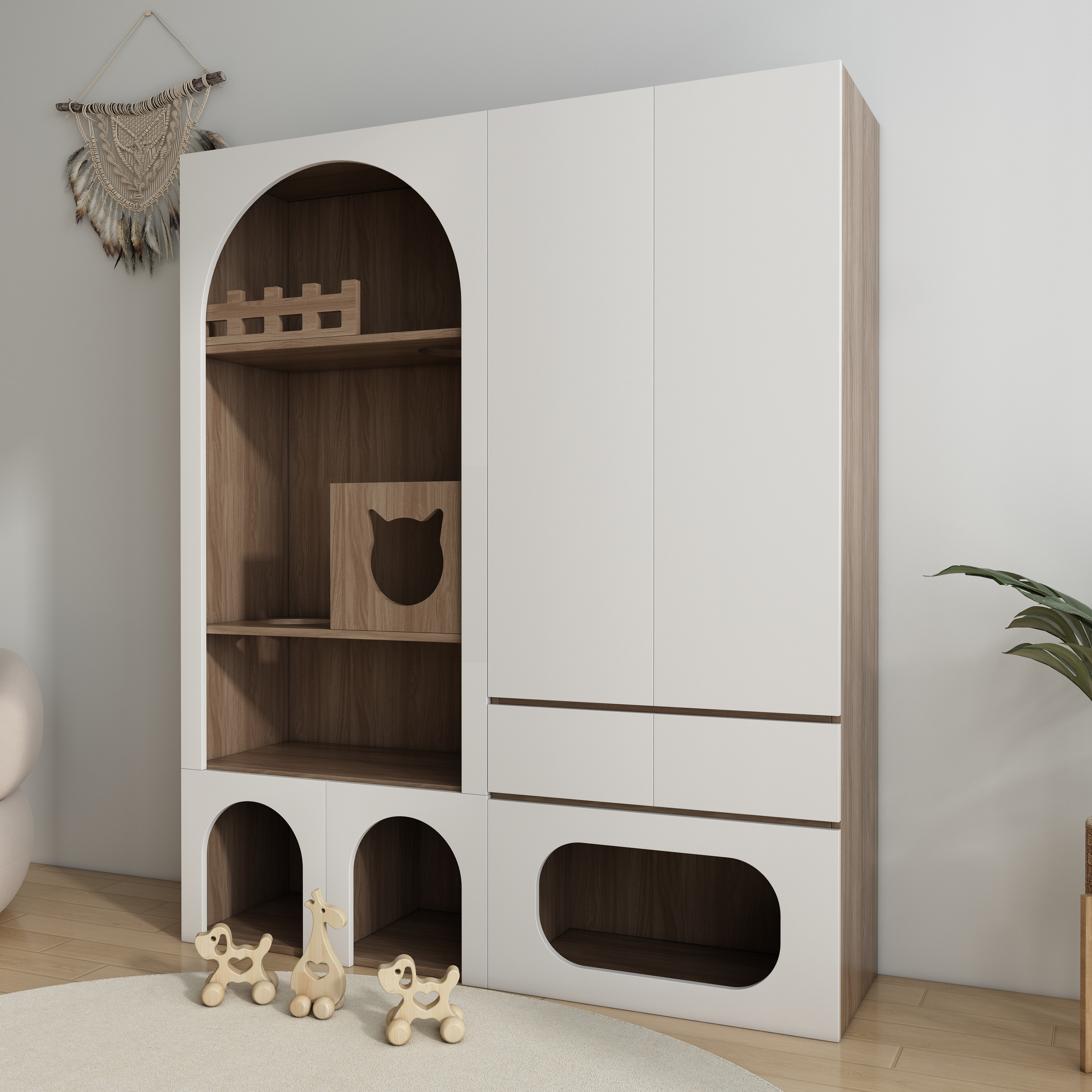 Modern White Cat House Cabinet | Multi-Cat Litter Box Enclosure with Storage
