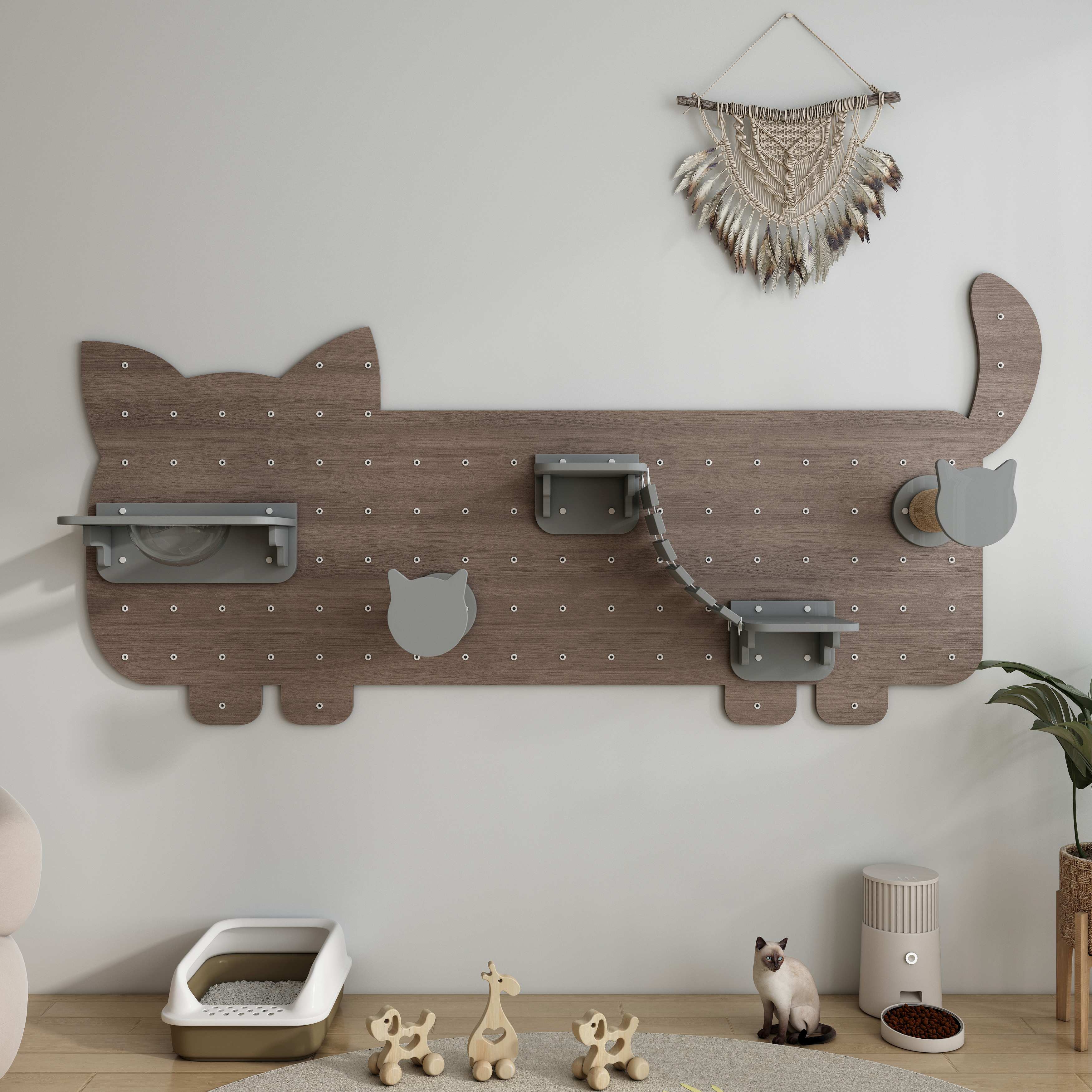 Cat-Shaped Wall Mounted Cat Tree | Modular Pegboard Cat Wall Shelves with Hammock