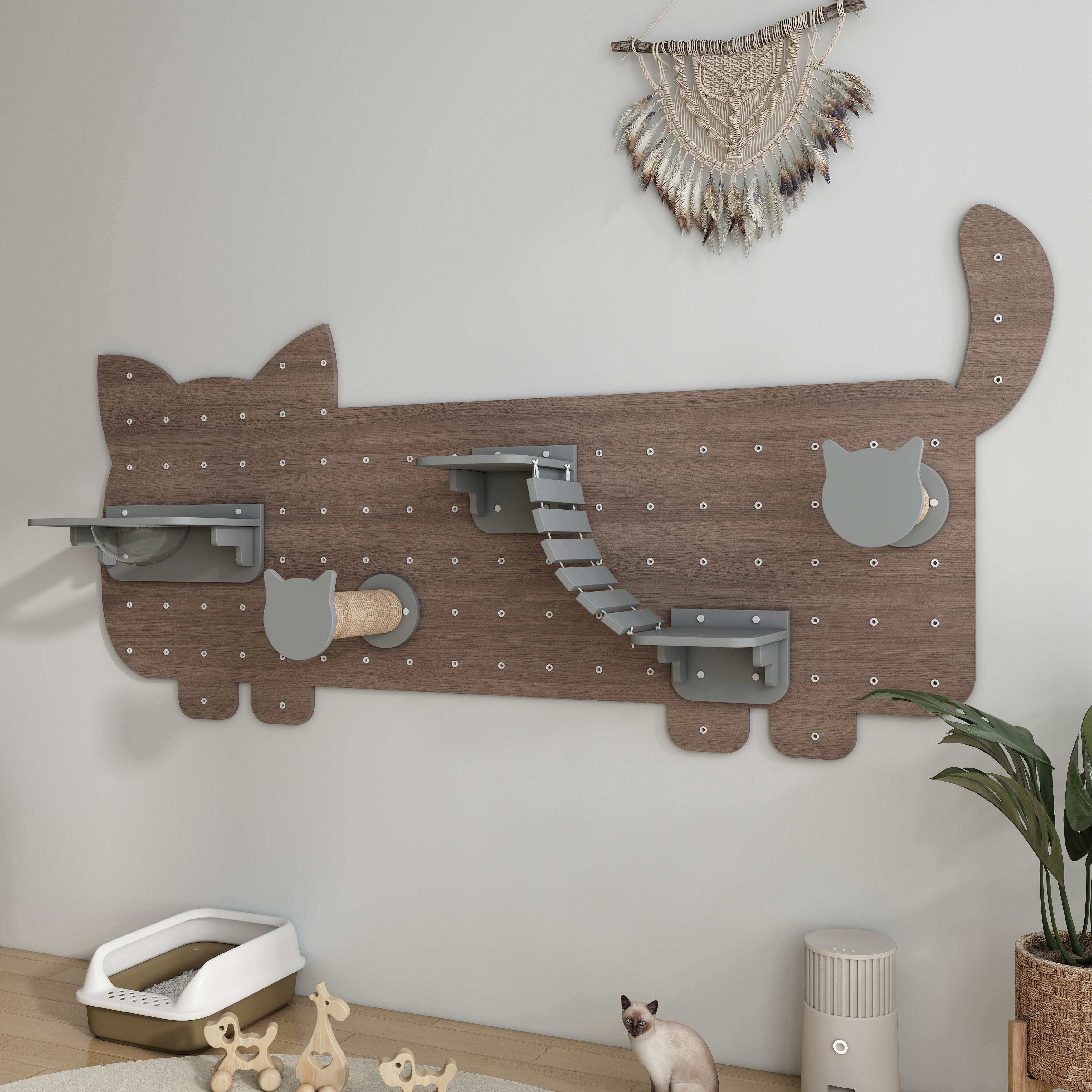 Cat-Shaped Wall Mounted Cat Tree | Modular Pegboard Cat Wall Shelves with Hammock