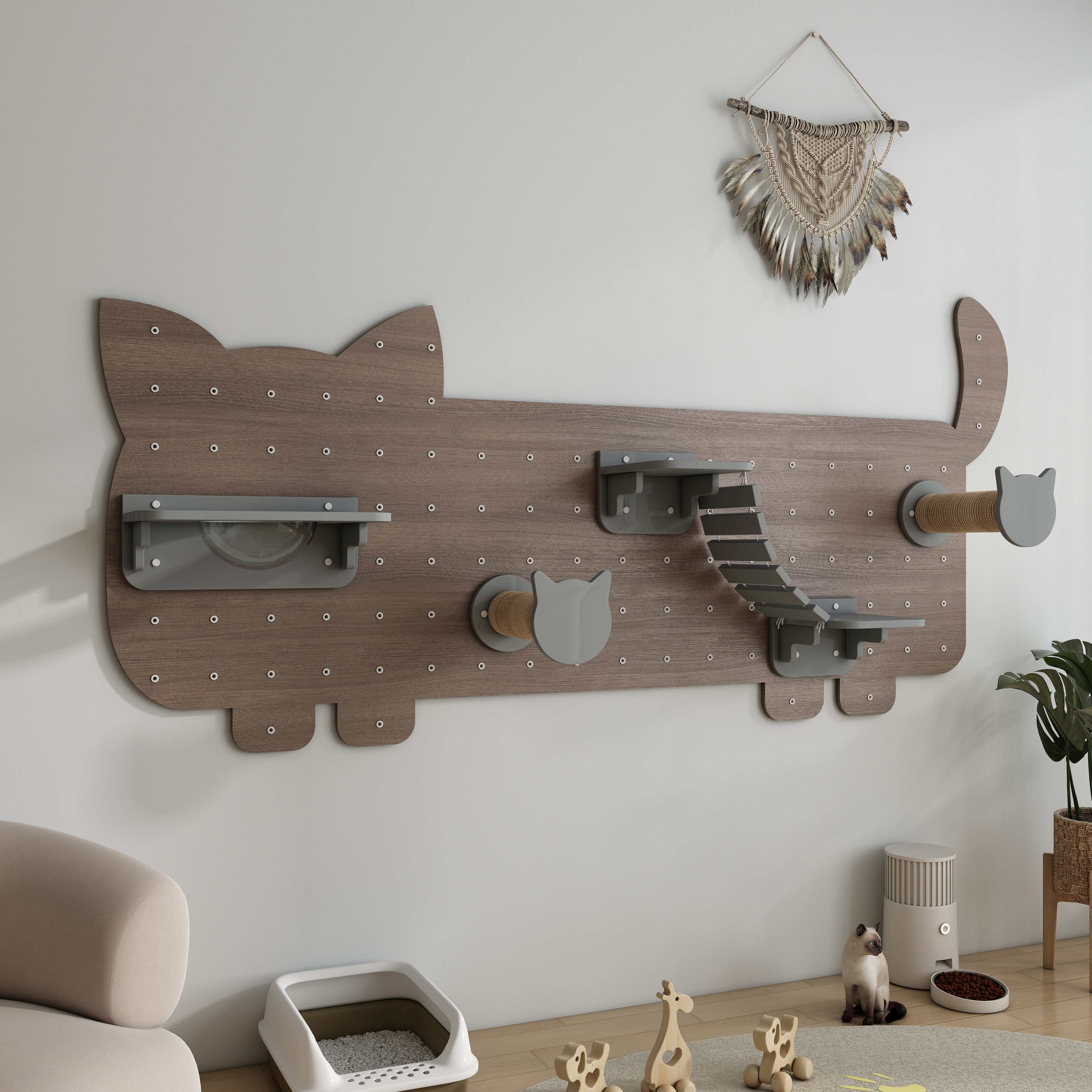 Cat-Shaped Wall Mounted Cat Tree | Modular Pegboard Cat Wall Shelves with Hammock