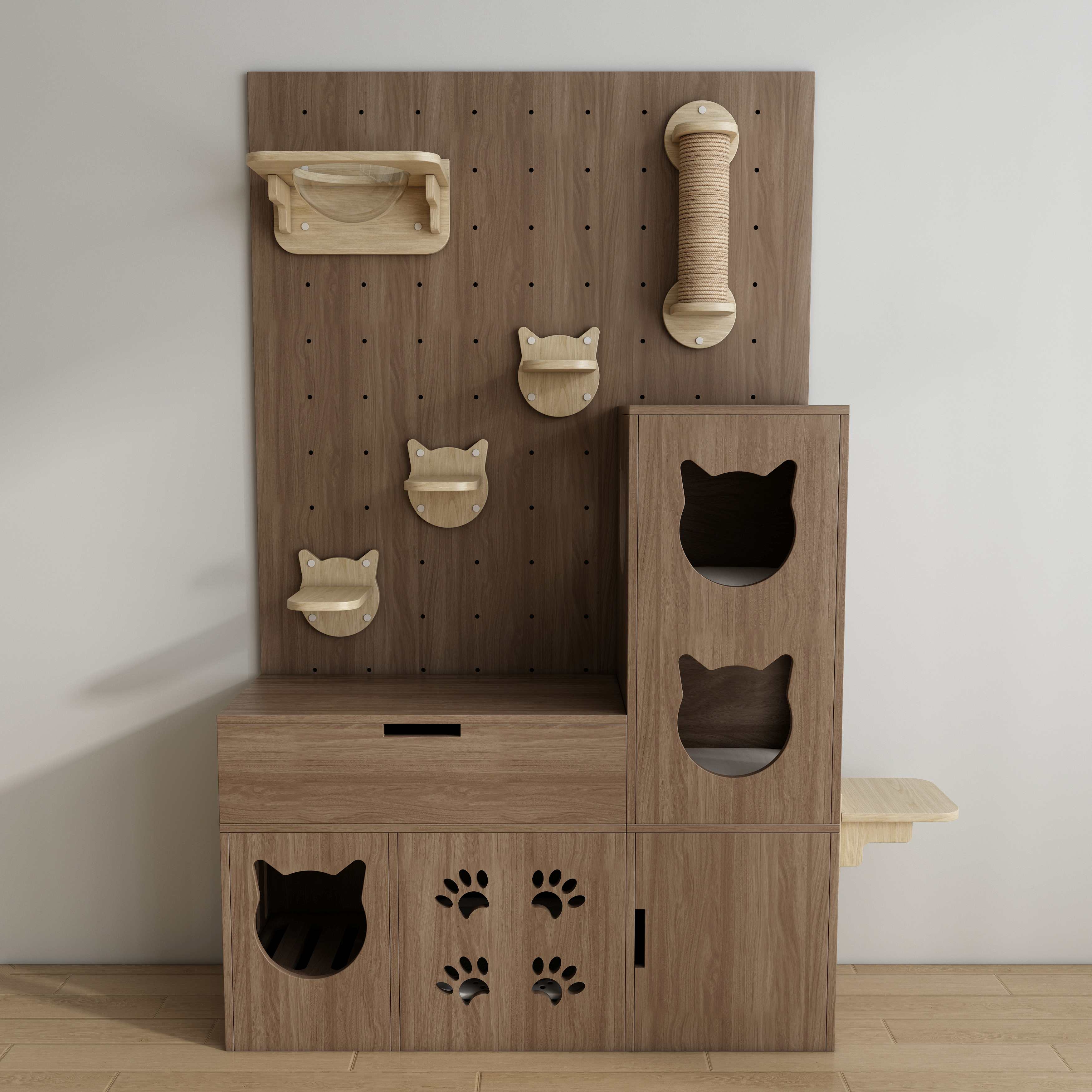 Modular Pegboard Cat Wall System | All-in-One Cat House with Litter Box Enclosure