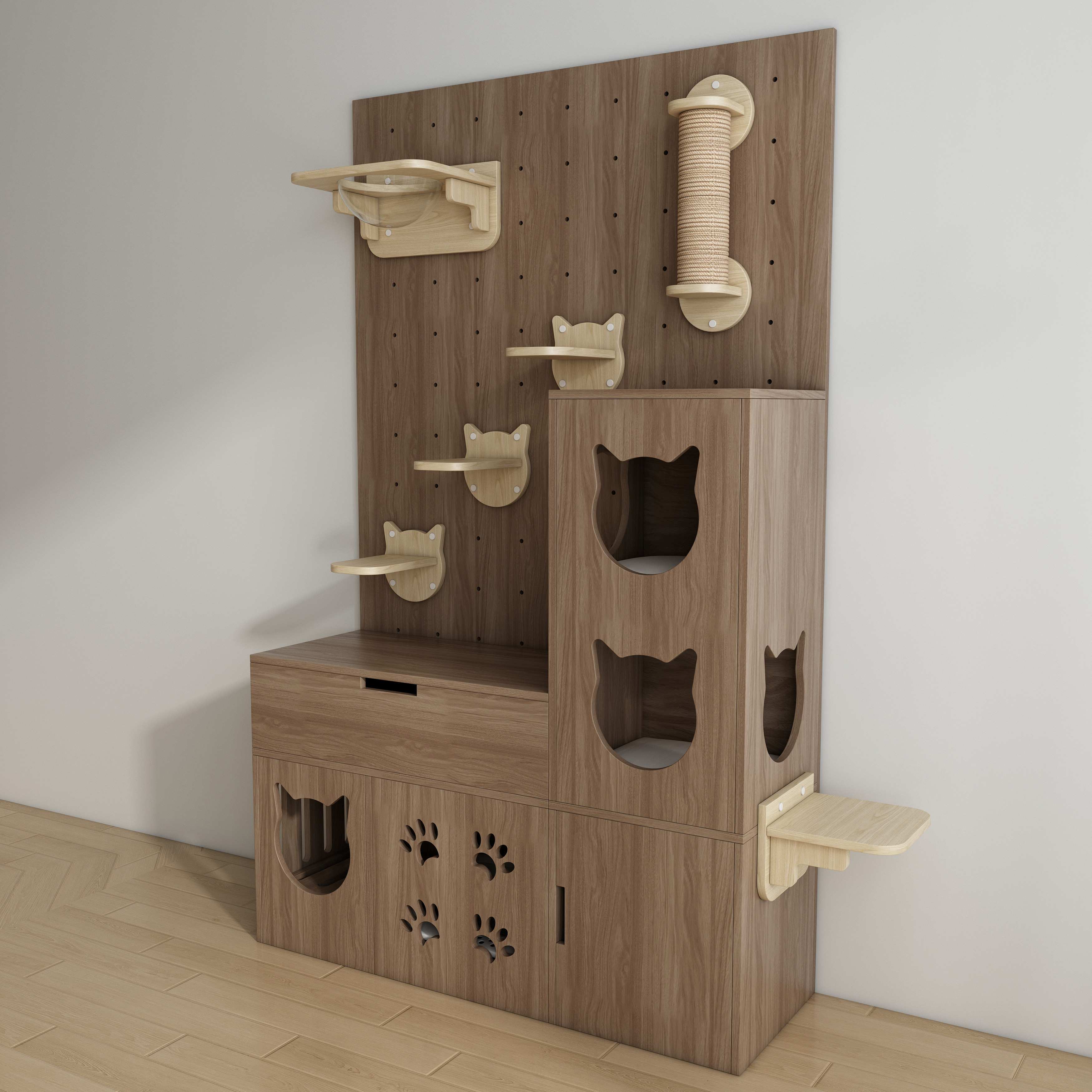 Modular Pegboard Cat Wall System | All-in-One Cat House with Litter Box Enclosure