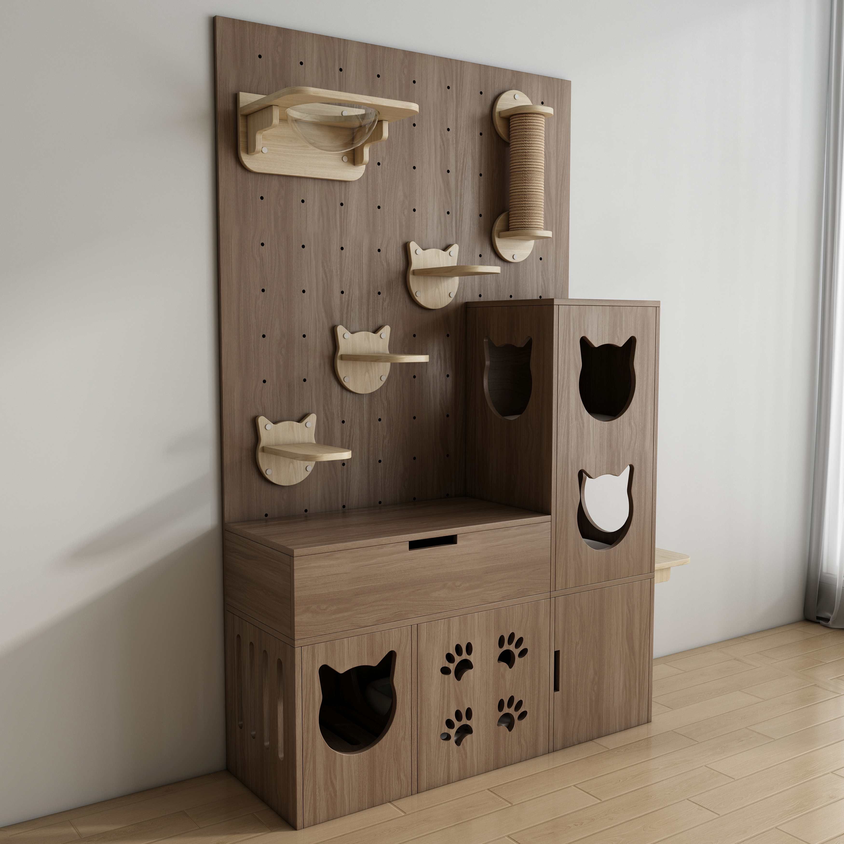 Modular Pegboard Cat Wall System | All-in-One Cat House with Litter Box Enclosure