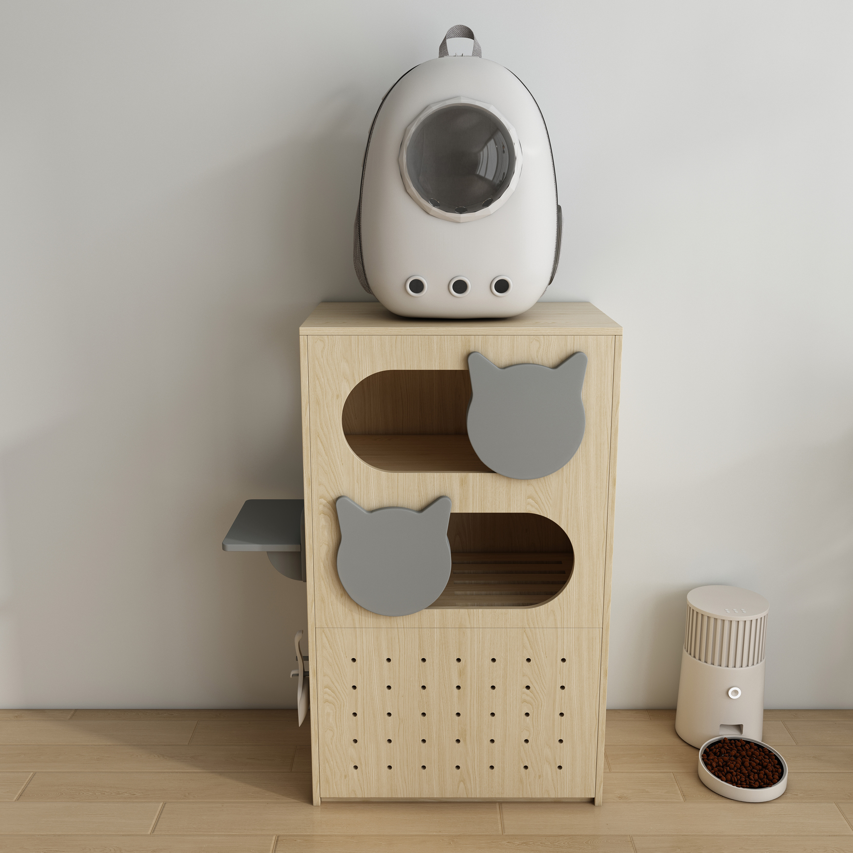 Wooden Cat Litter Box Enclosure | Modular Pegboard Cat House with Shelves