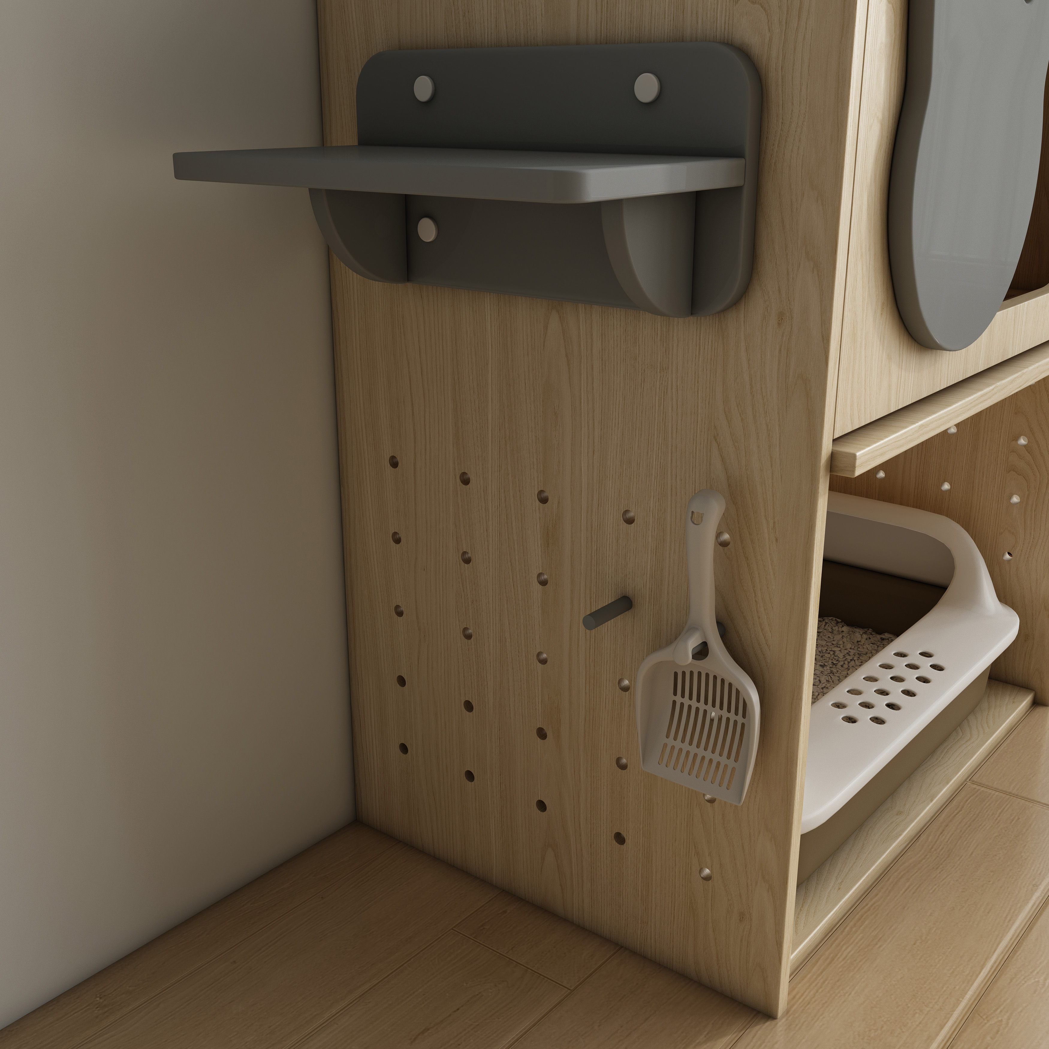 Wooden Cat Litter Box Enclosure | Modular Pegboard Cat House with Shelves