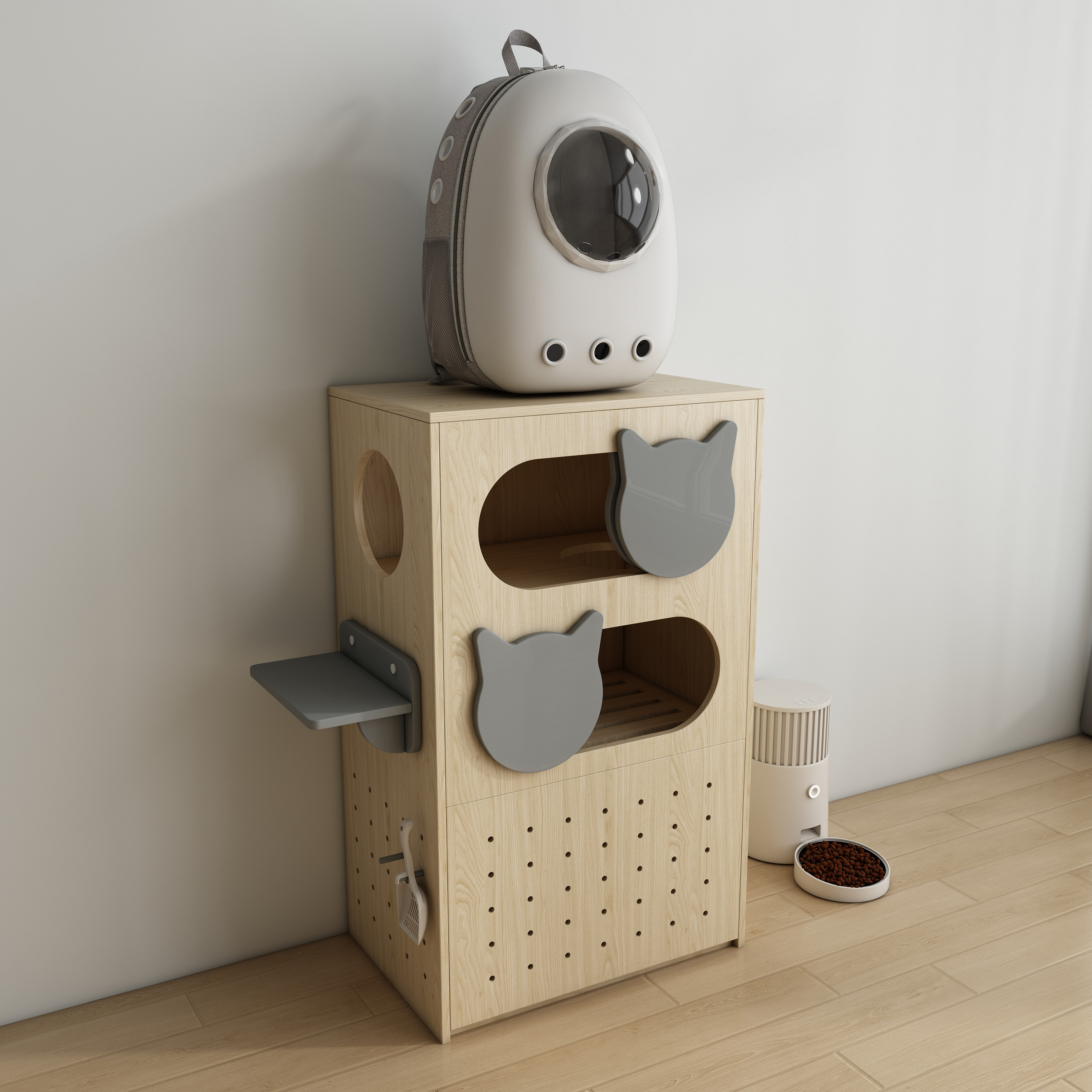 Wooden Cat Litter Box Enclosure | Modular Pegboard Cat House with Shelves