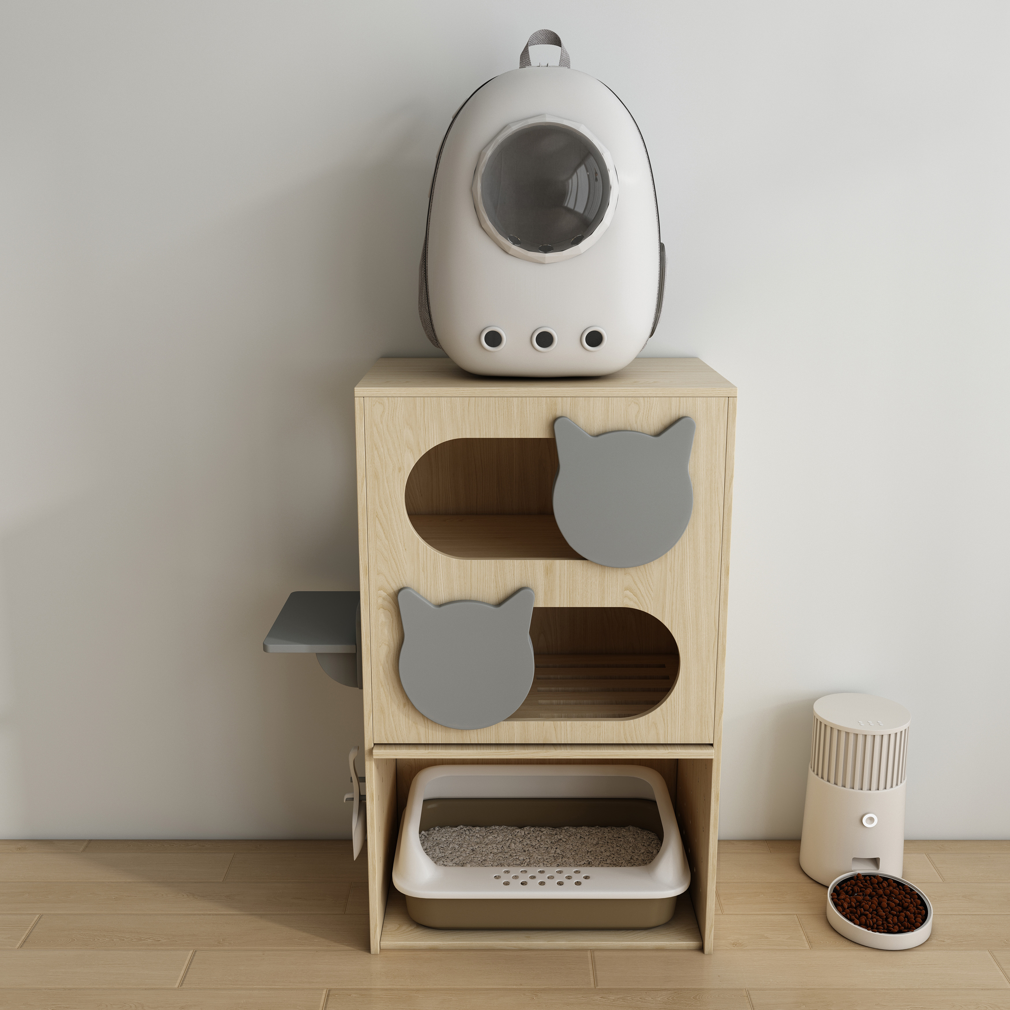 Wooden Cat Litter Box Enclosure | Modular Pegboard Cat House with Shelves