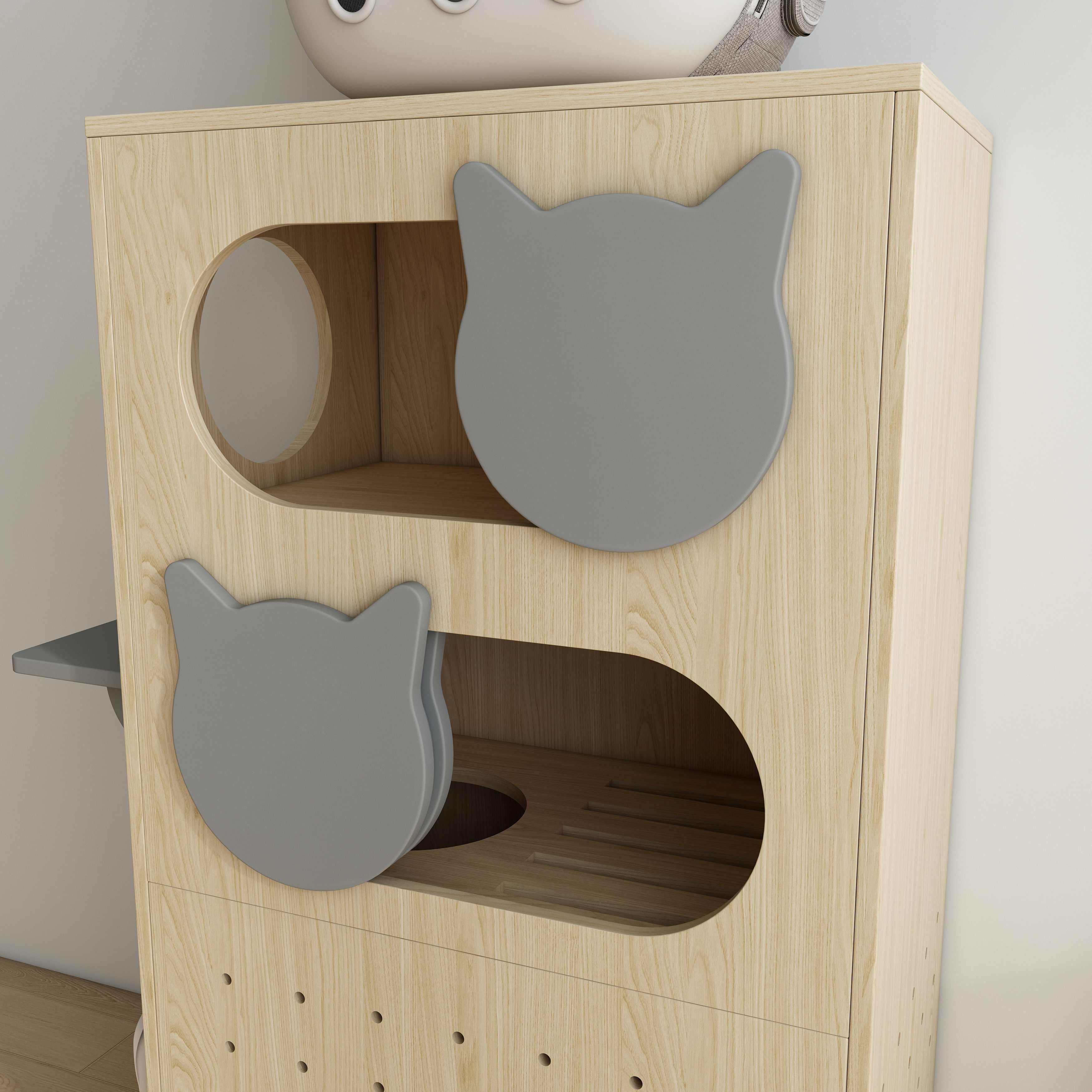 Wooden Cat Litter Box Enclosure | Modular Pegboard Cat House with Shelves