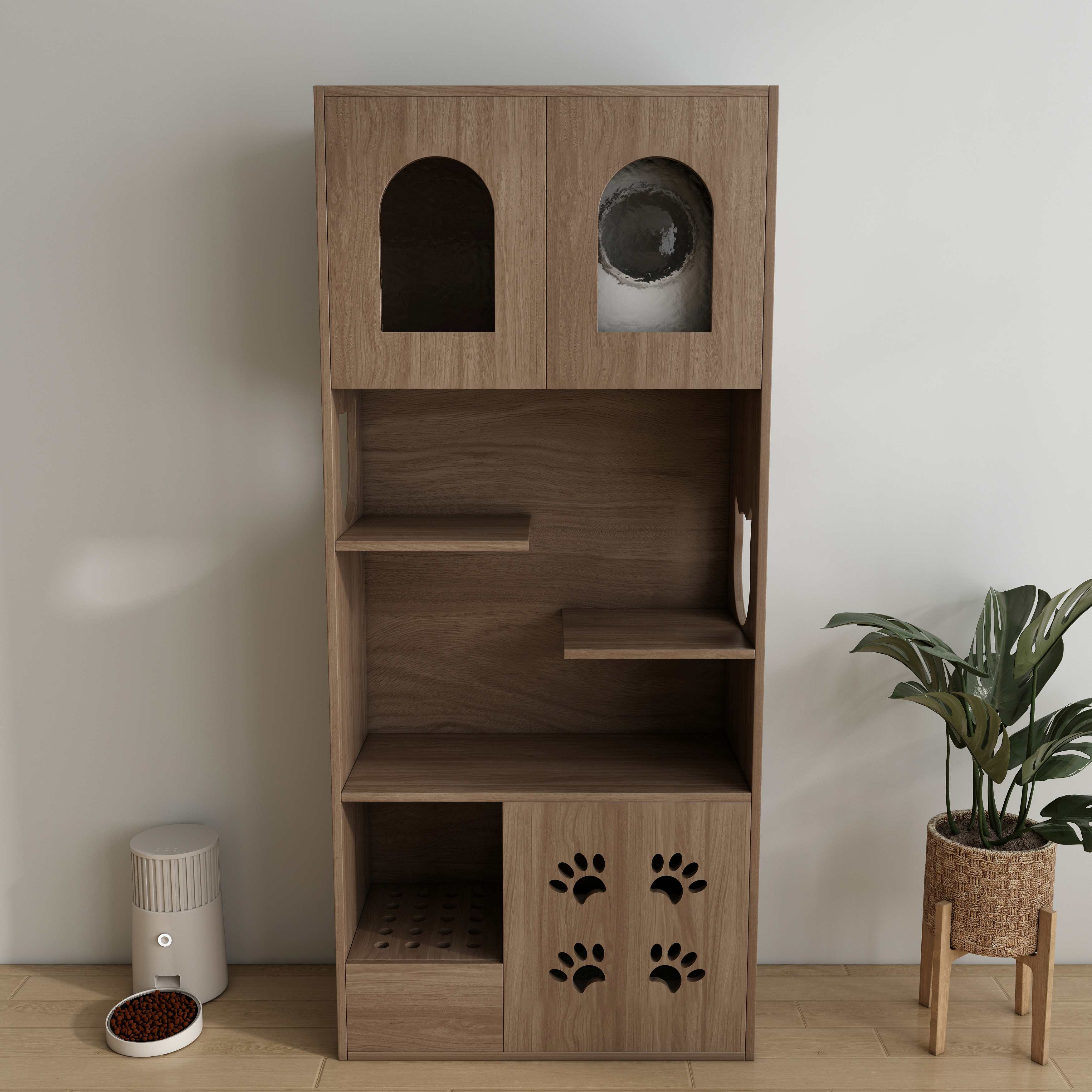Arched Wooden Cat House Cabinet | Multi-Level Cat Litter Box Enclosure with Shelves