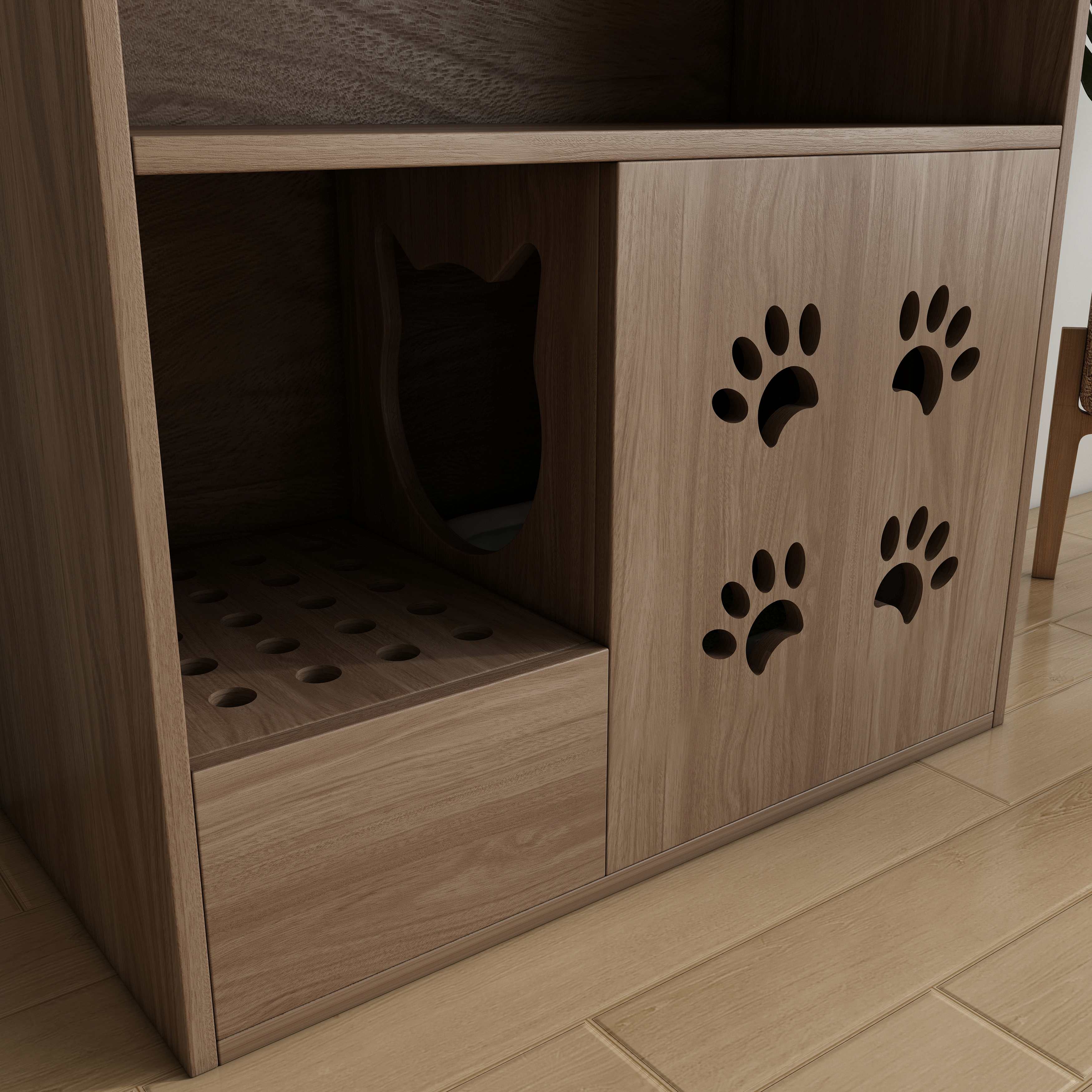 Arched Wooden Cat House Cabinet | Multi-Level Cat Litter Box Enclosure with Shelves
