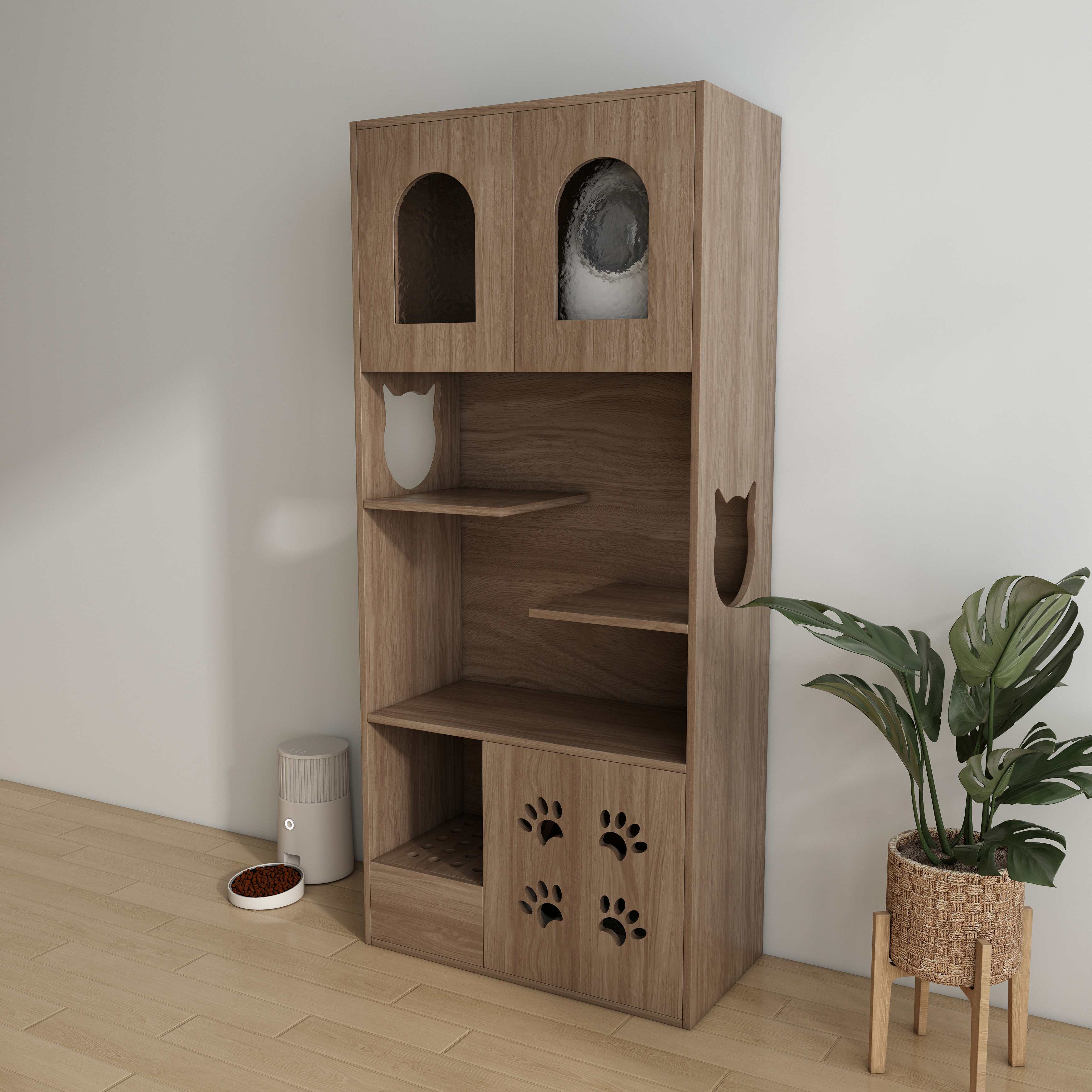 Arched Wooden Cat House Cabinet | Multi-Level Cat Litter Box Enclosure with Shelves