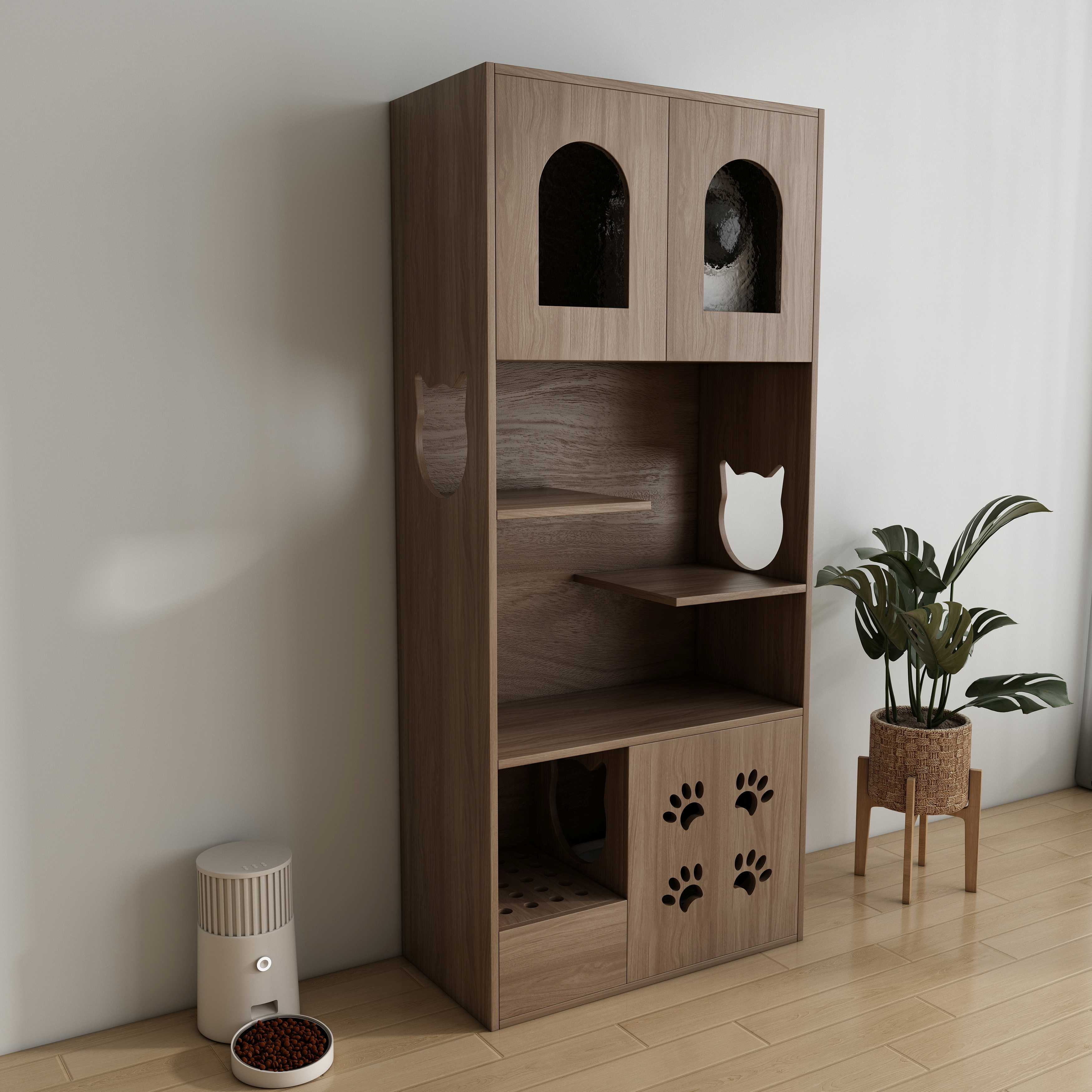 Arched Wooden Cat House Cabinet | Multi-Level Cat Litter Box Enclosure with Shelves