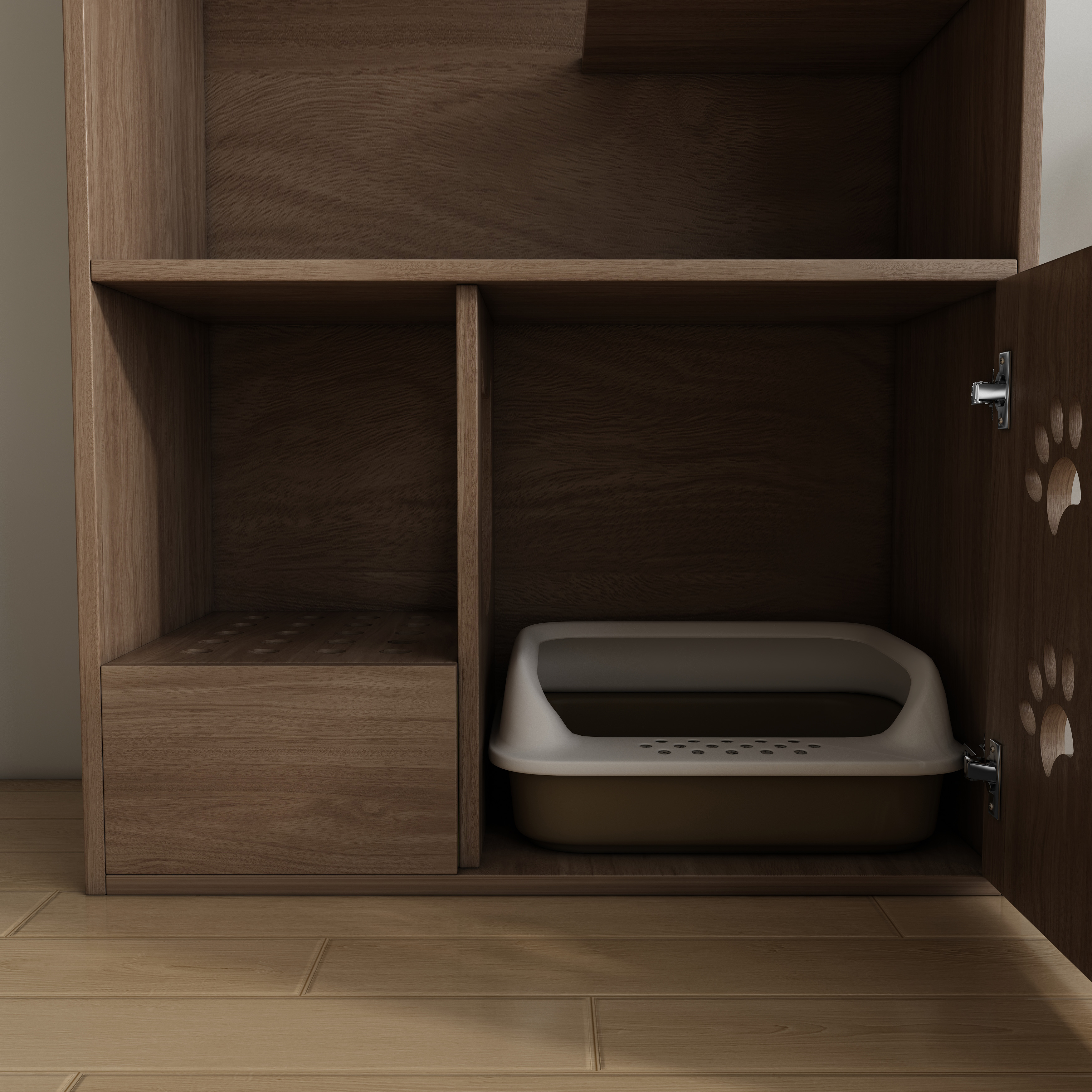 Arched Wooden Cat House Cabinet | Multi-Level Cat Litter Box Enclosure with Shelves