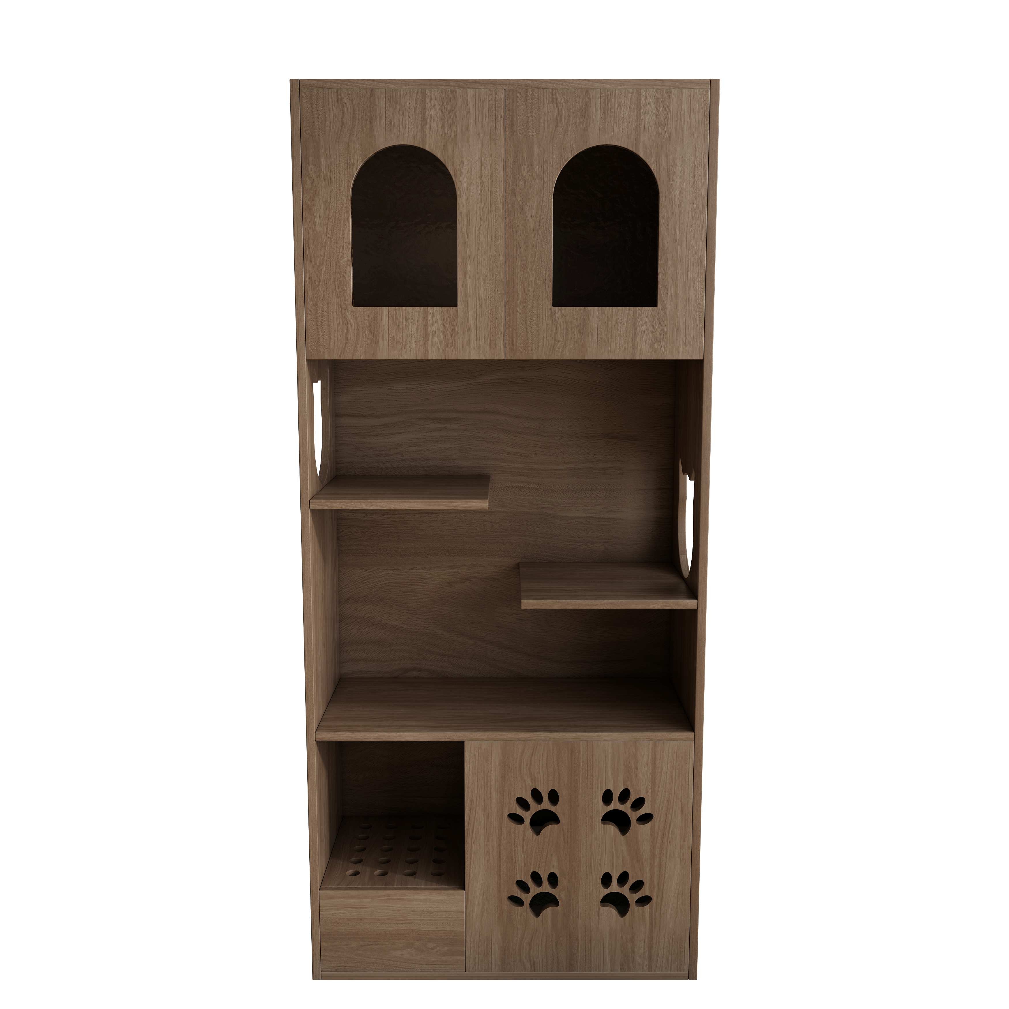 Arched Wooden Cat House Cabinet | Multi-Level Cat Litter Box Enclosure with Shelves
