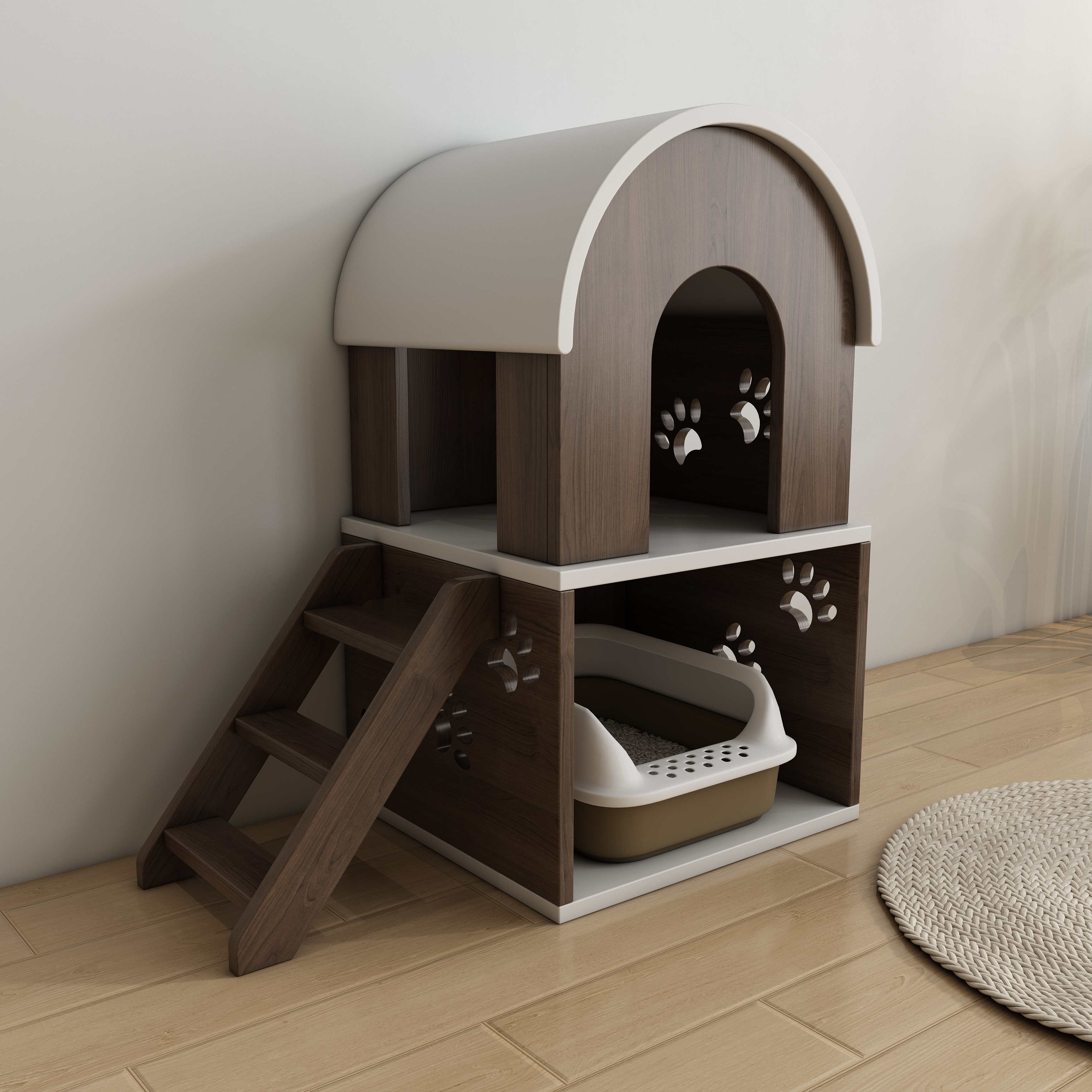 2-Tier Wooden Cat House with Stairs | Hidden Litter Box Enclosure with Paw Prints