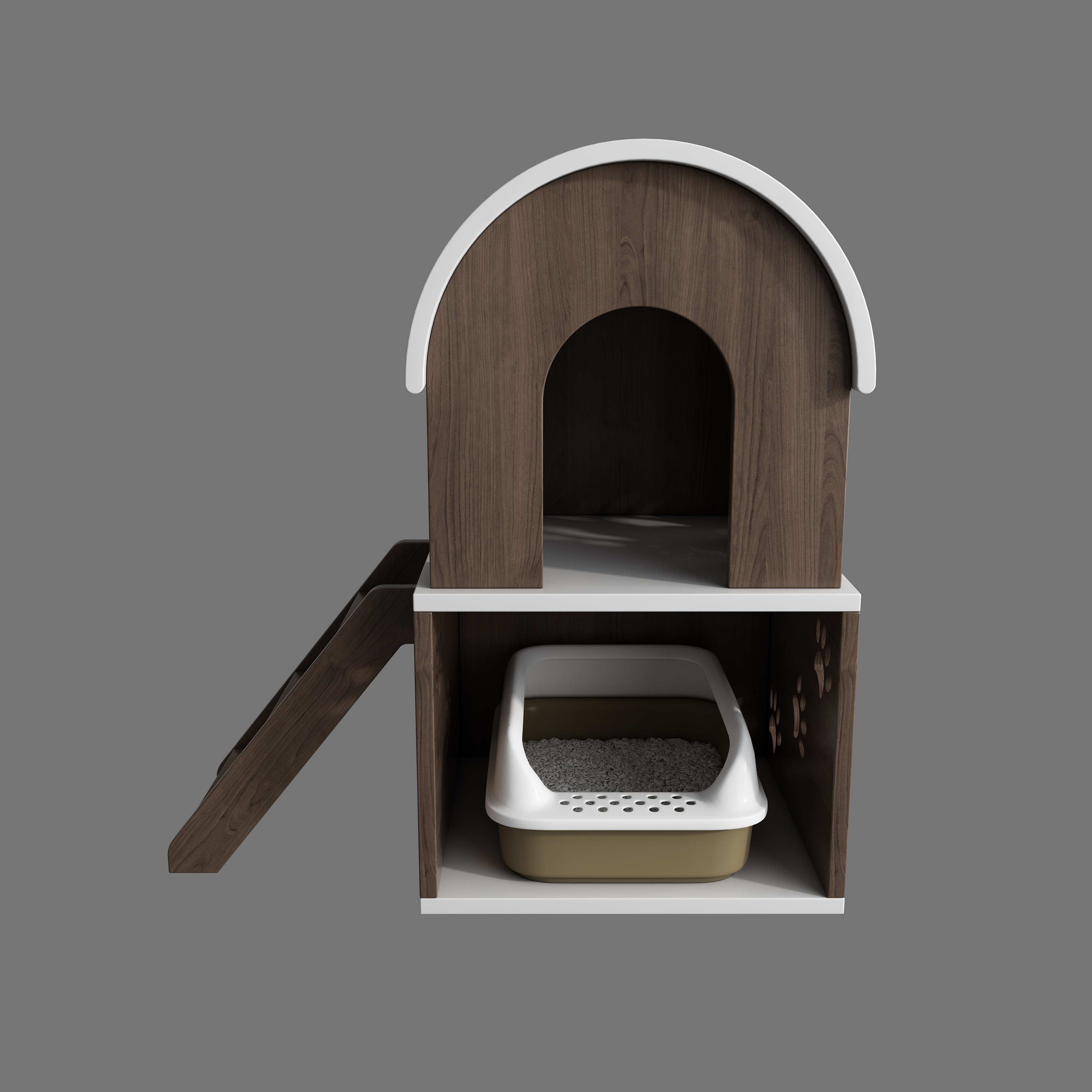2-Tier Wooden Cat House with Stairs | Hidden Litter Box Enclosure with Paw Prints