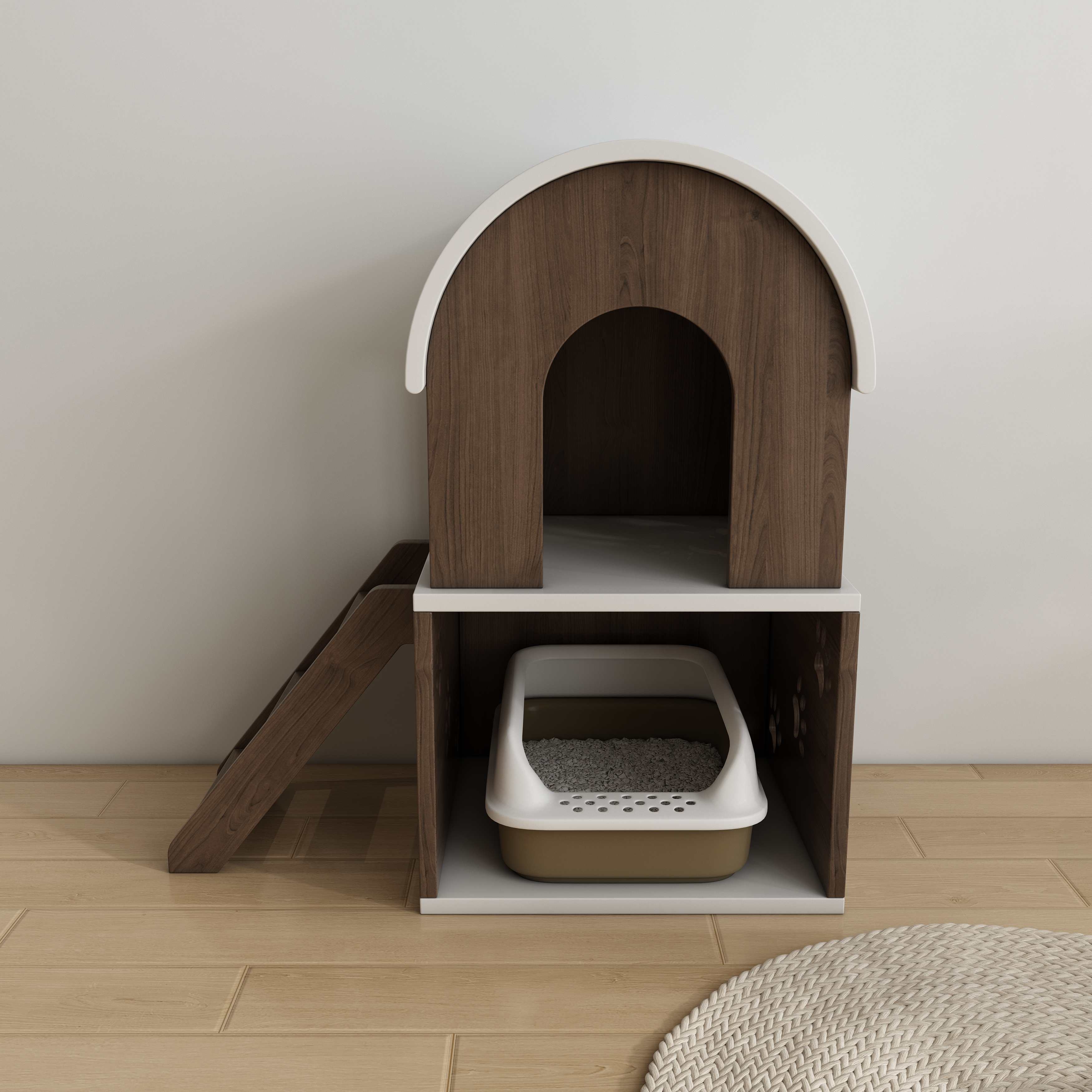 2-Tier Wooden Cat House with Stairs | Hidden Litter Box Enclosure with Paw Prints