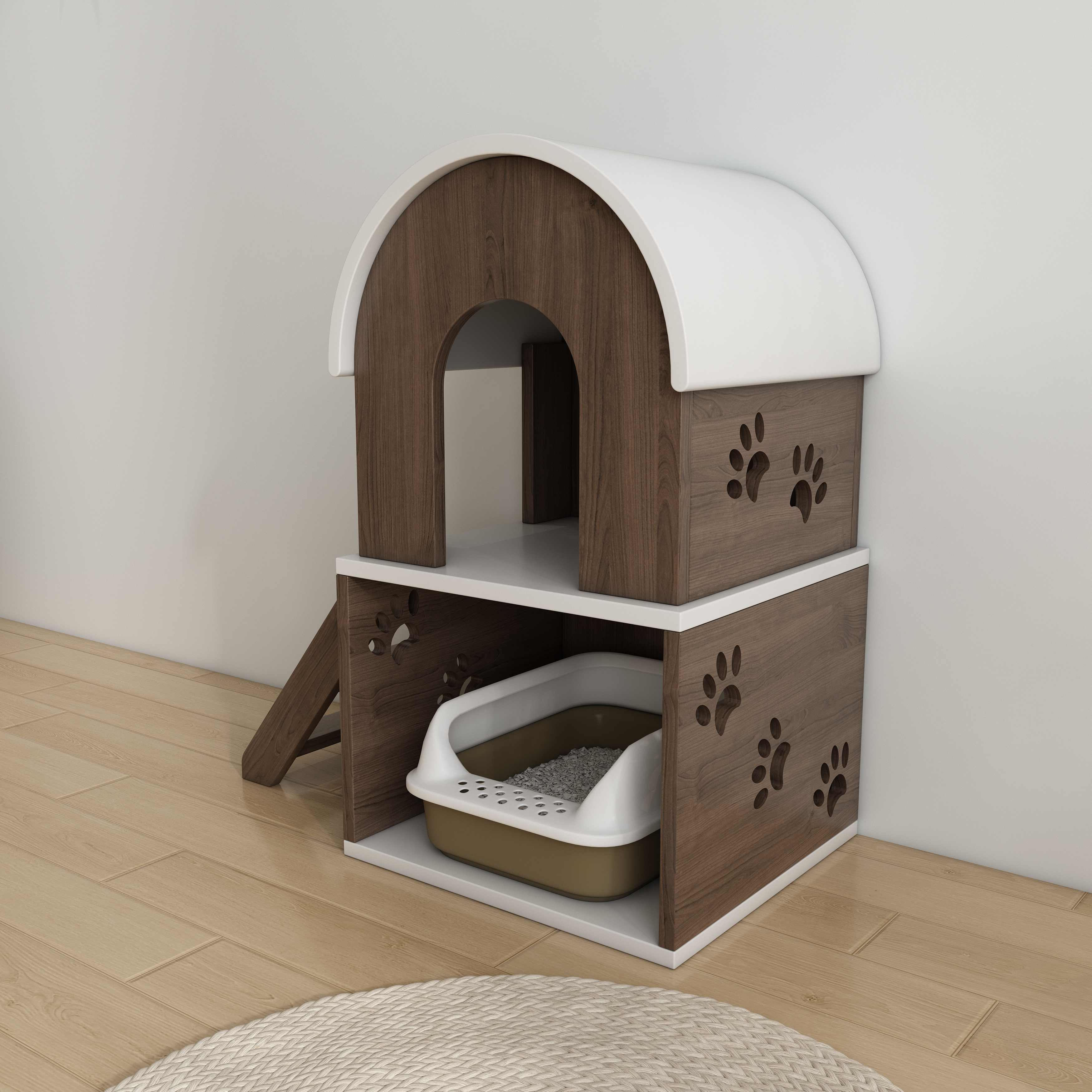 2-Tier Wooden Cat House with Stairs | Hidden Litter Box Enclosure with Paw Prints