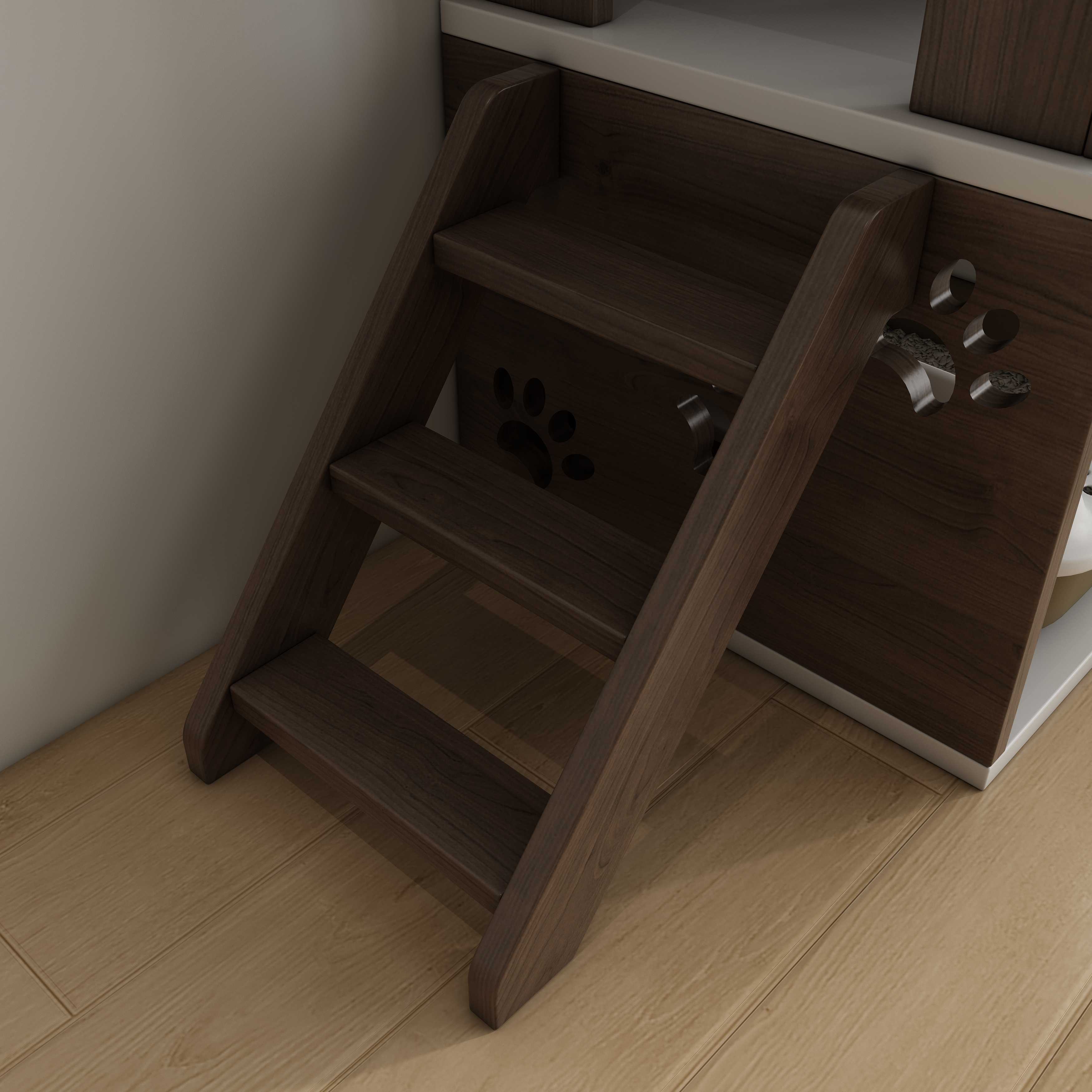 2-Tier Wooden Cat House with Stairs | Hidden Litter Box Enclosure with Paw Prints