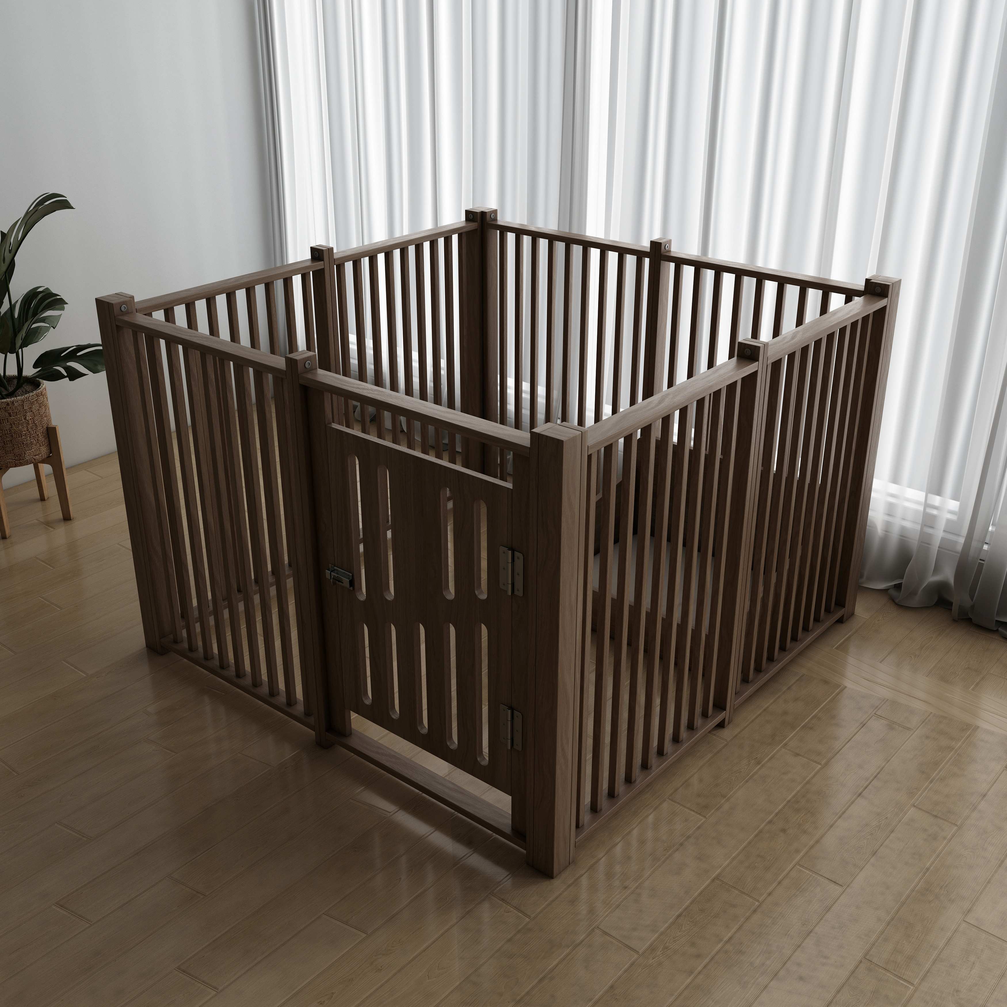 Wooden Pet Playpen with Door | 4-Panel Dog Playpen for Indoor Puppies & Cats