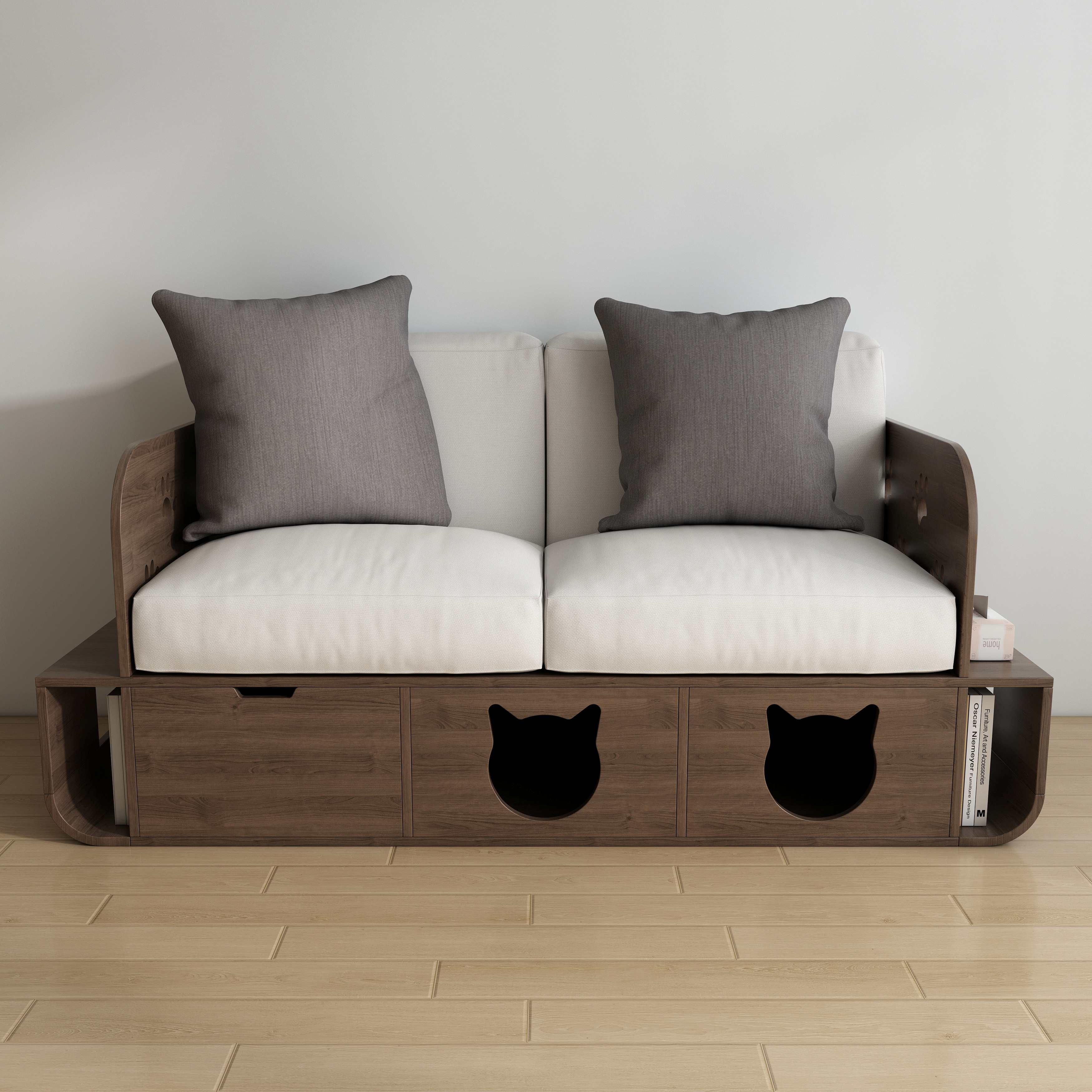 Cat-Friendly Wooden Sofa | 2-Seater Cat Couch with Hidden Cat Houses & Storage
