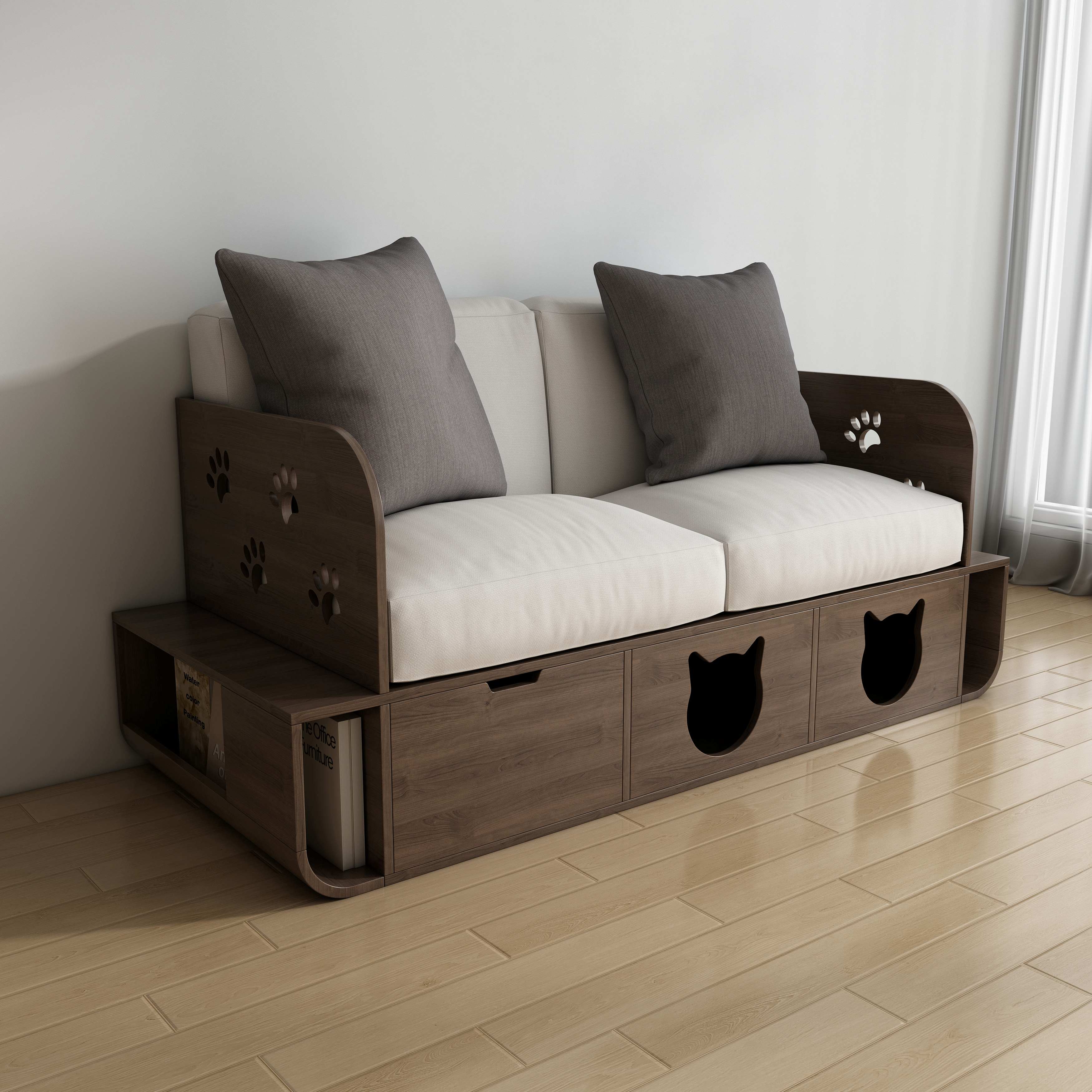 Cat-Friendly Wooden Sofa | 2-Seater Cat Couch with Hidden Cat Houses & Storage