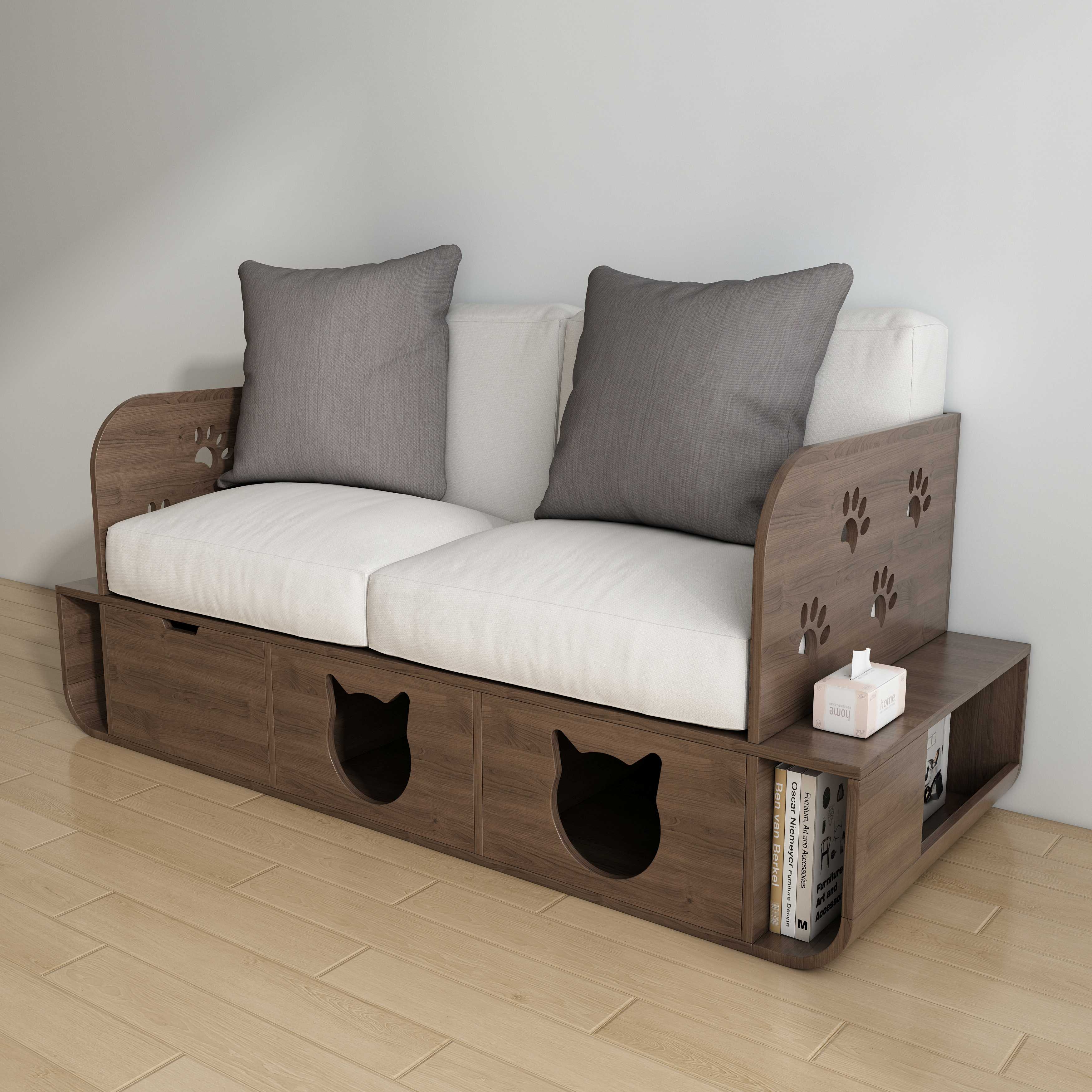 Cat-Friendly Wooden Sofa | 2-Seater Cat Couch with Hidden Cat Houses & Storage