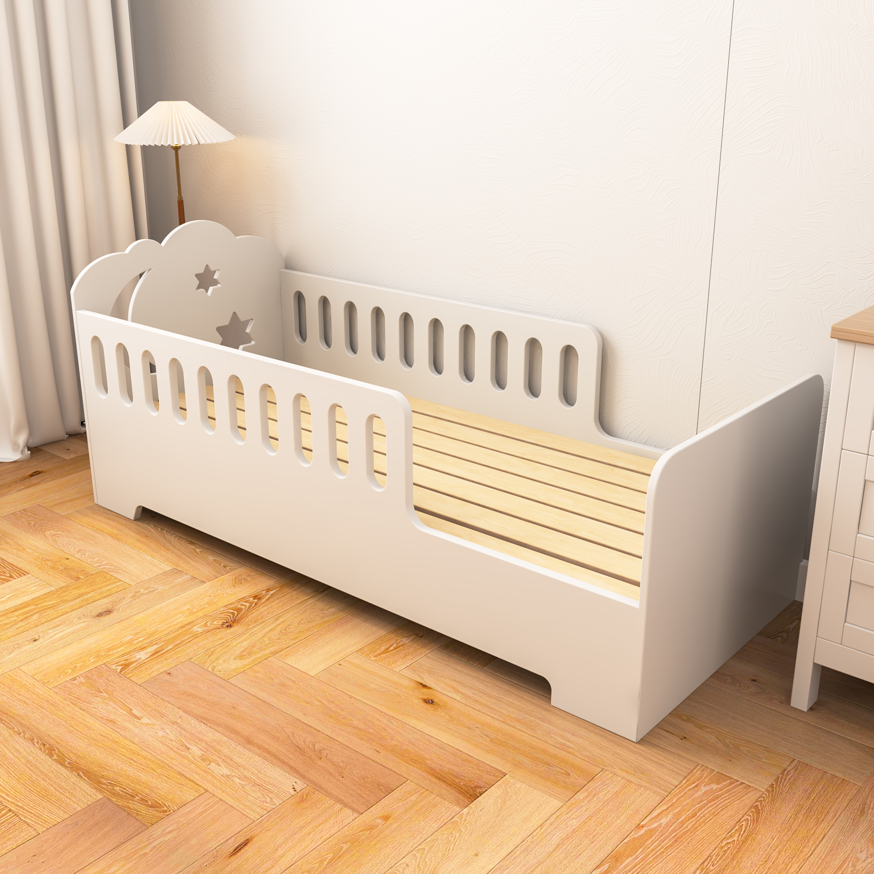 Moon & Star Toddler Floor Bed | White Kids Bed with Safety Railings for Nursery