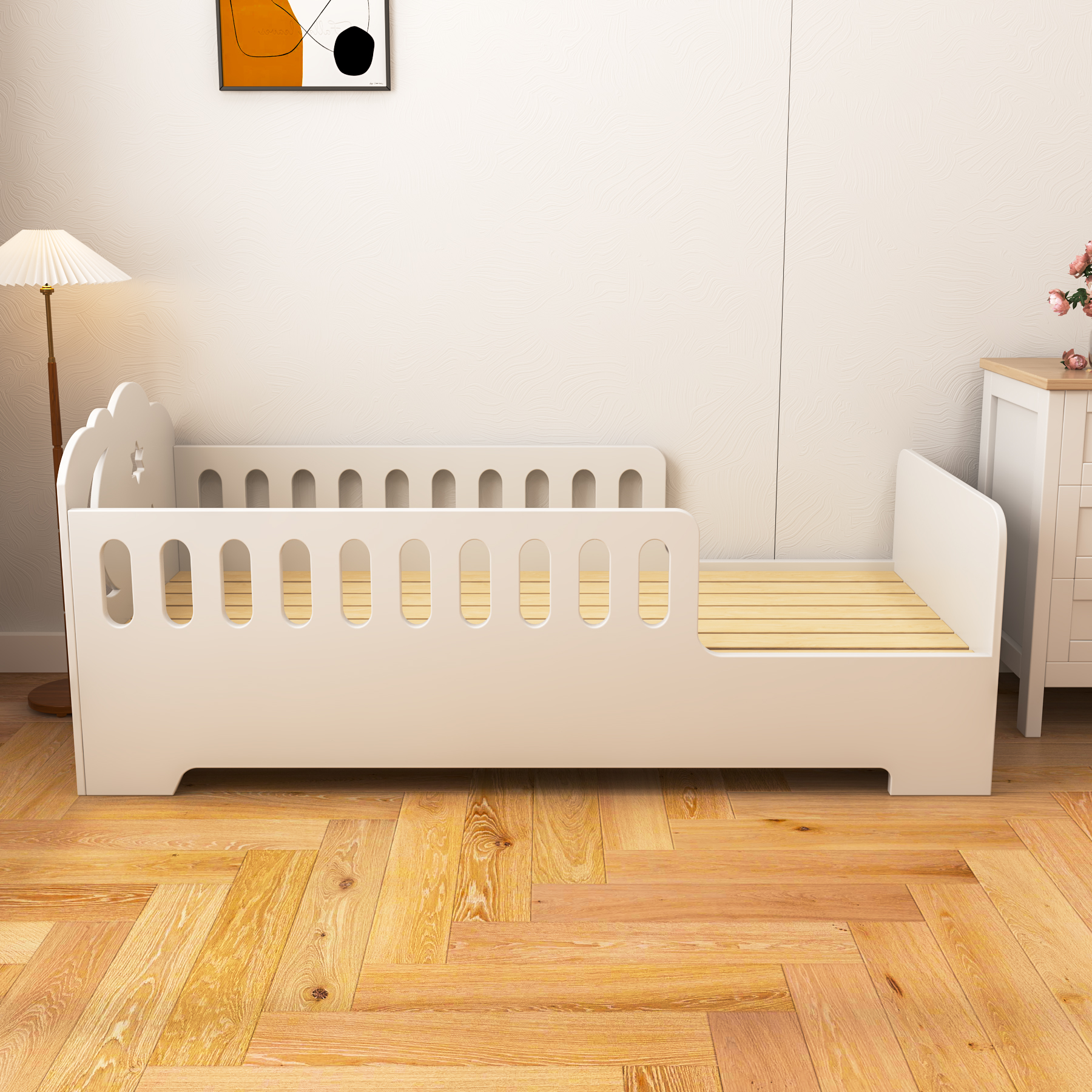 Moon & Star Toddler Floor Bed | White Kids Bed with Safety Railings for Nursery