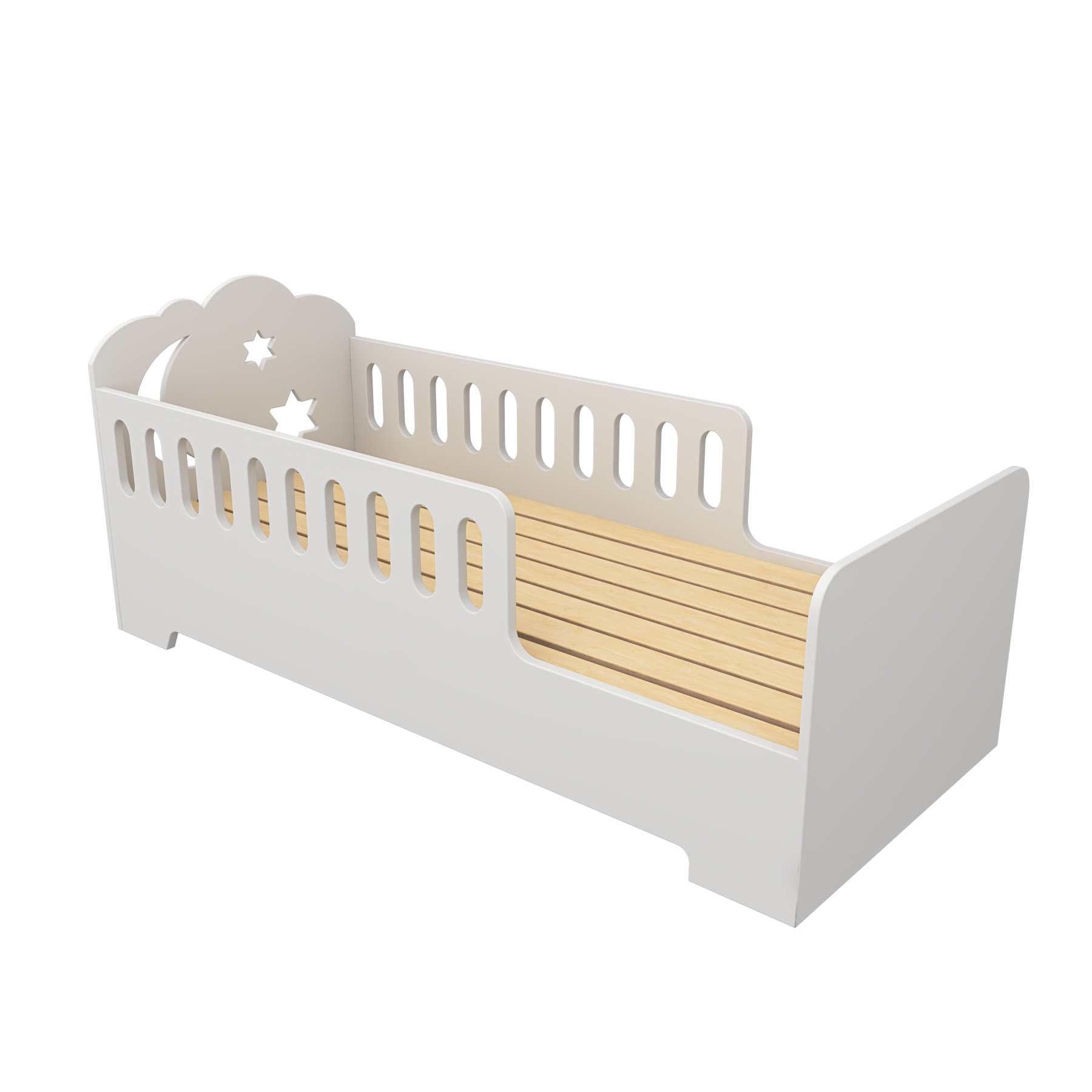 Moon & Star Toddler Floor Bed | White Kids Bed with Safety Railings for Nursery