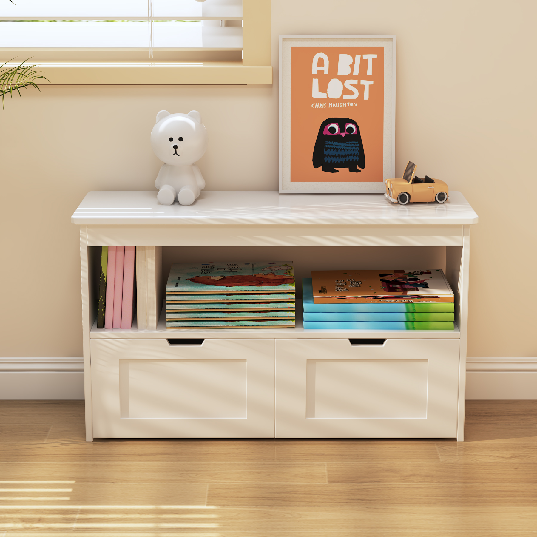 Kids Toy Storage Bench | White Bookcase with 2 Drawers for Playroom Bedroom
