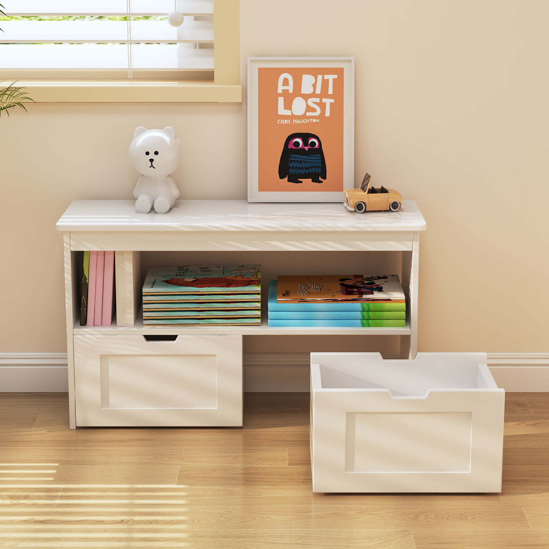 Kids Toy Storage Bench | White Bookcase with 2 Drawers for Playroom Bedroom