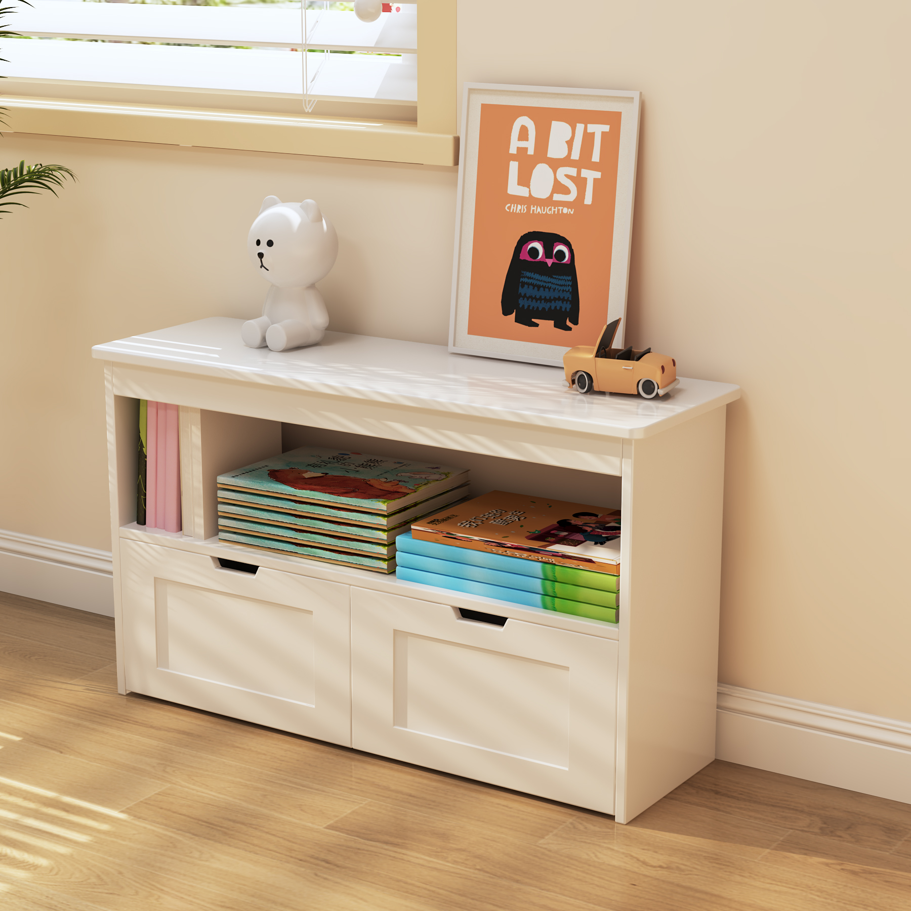 Kids Toy Storage Bench | White Bookcase with 2 Drawers for Playroom Bedroom