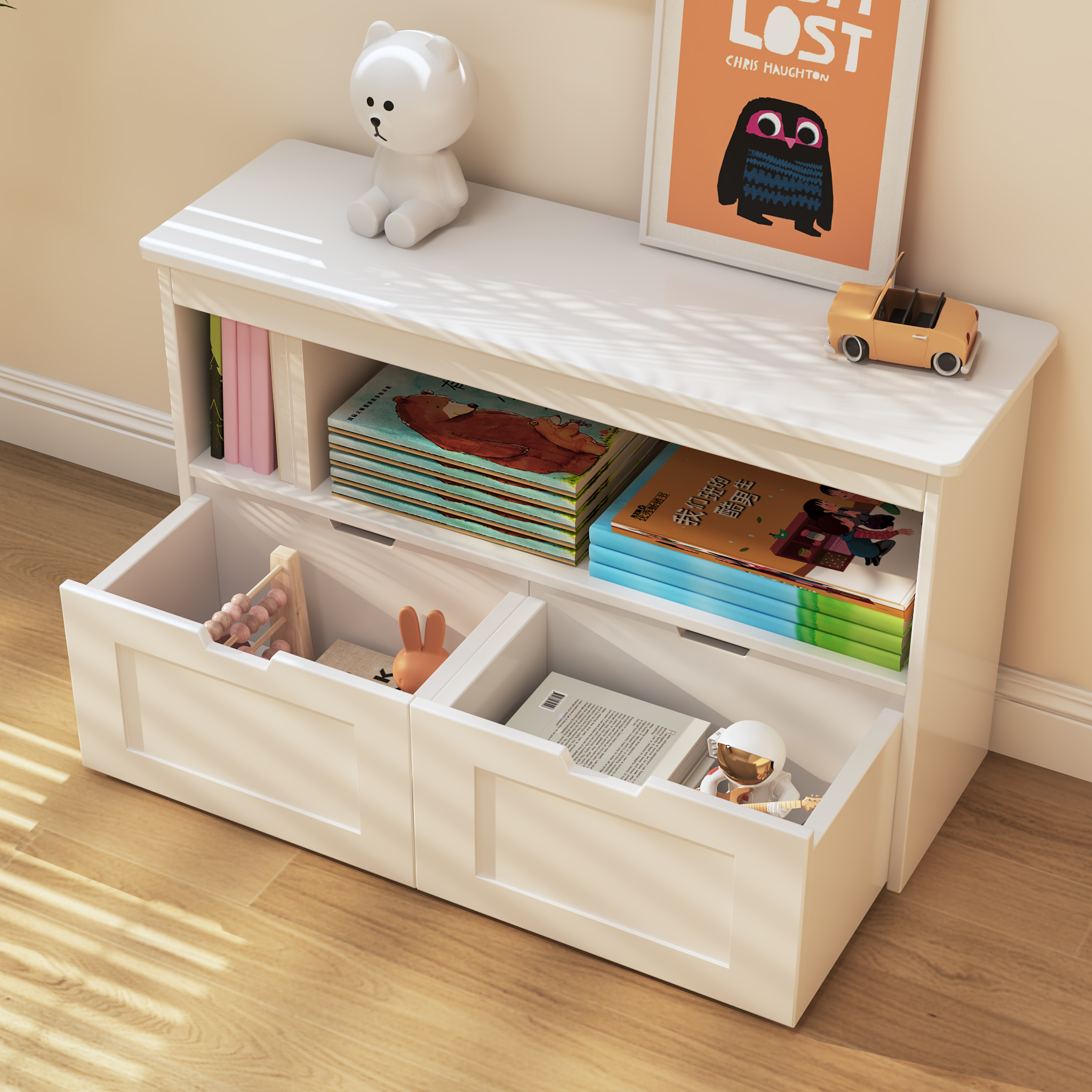 Kids Toy Storage Bench | White Bookcase with 2 Drawers for Playroom Bedroom