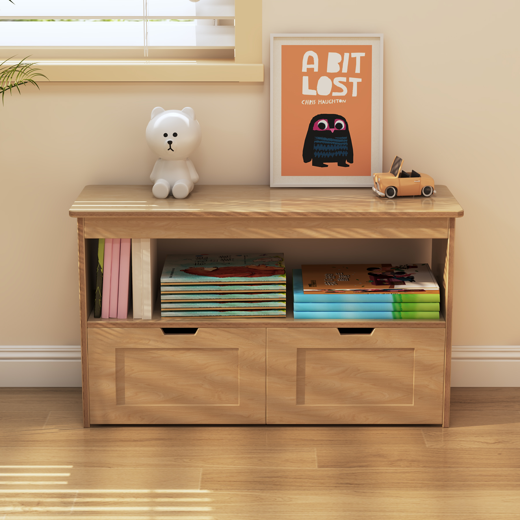 Kids Toy Storage Bench | White Bookcase with 2 Drawers for Playroom Bedroom