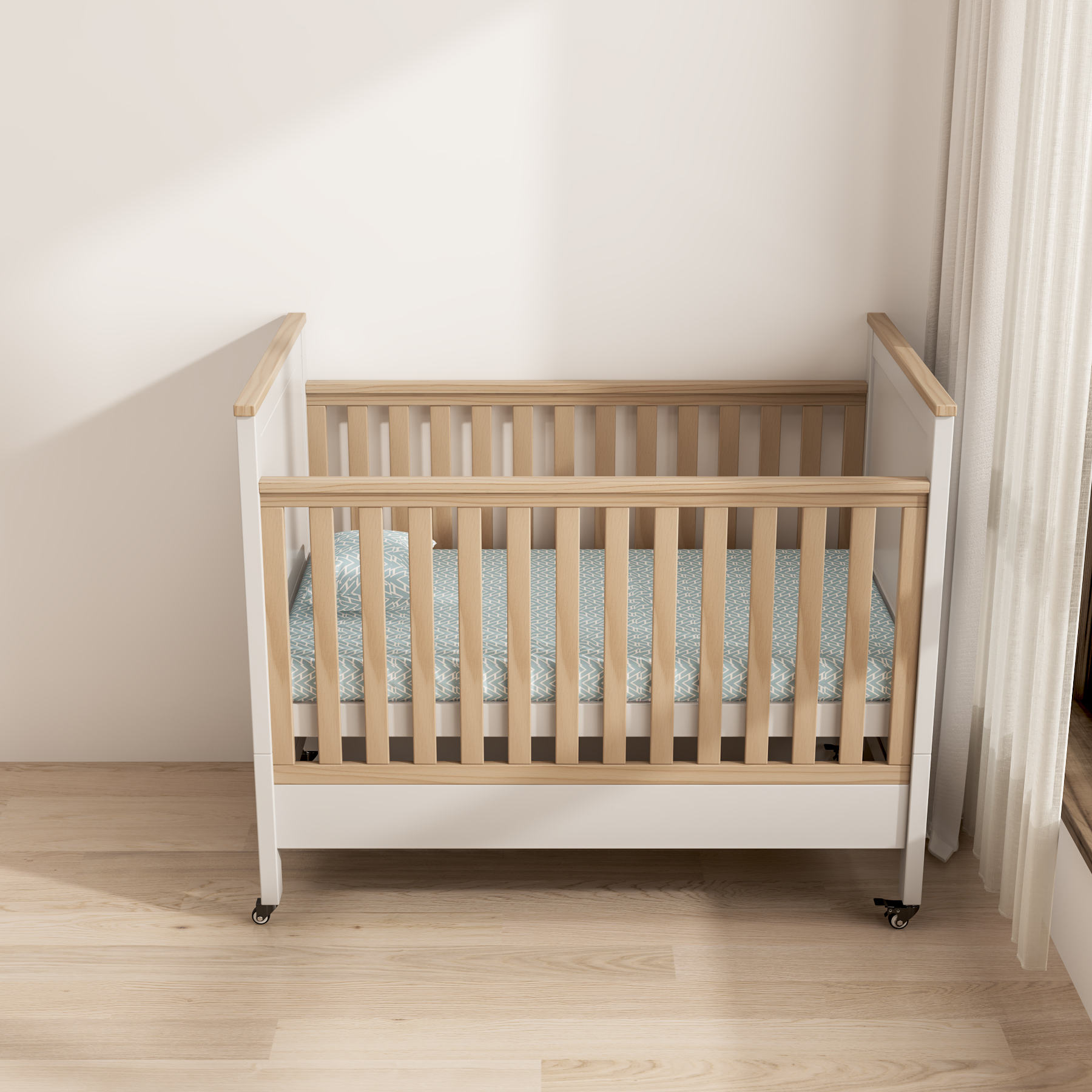 Modern Two-Tone Baby Crib | Adjustable Height Nursery Bed with Lockable Wheels
