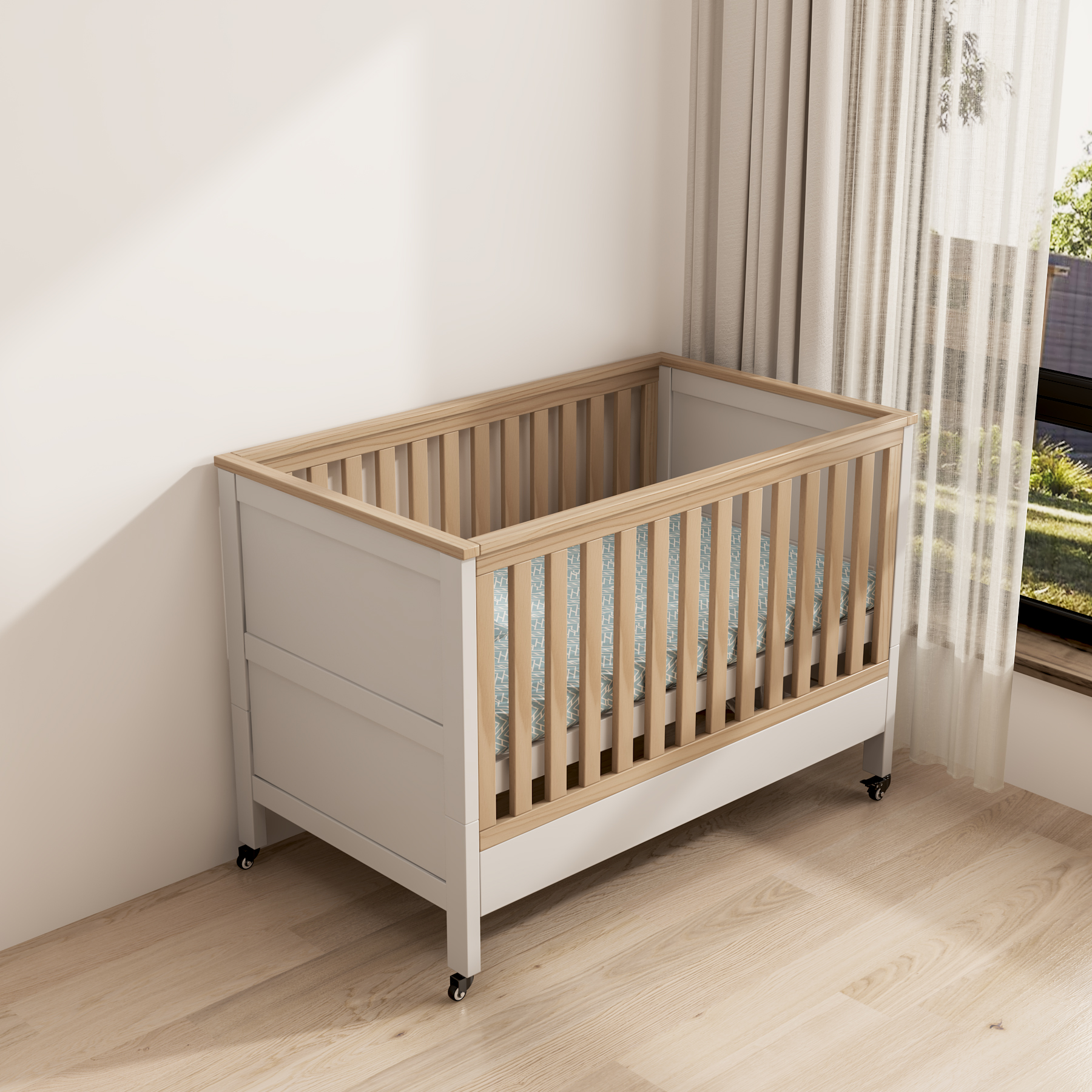 Modern Two-Tone Baby Crib | Adjustable Height Nursery Bed with Lockable Wheels