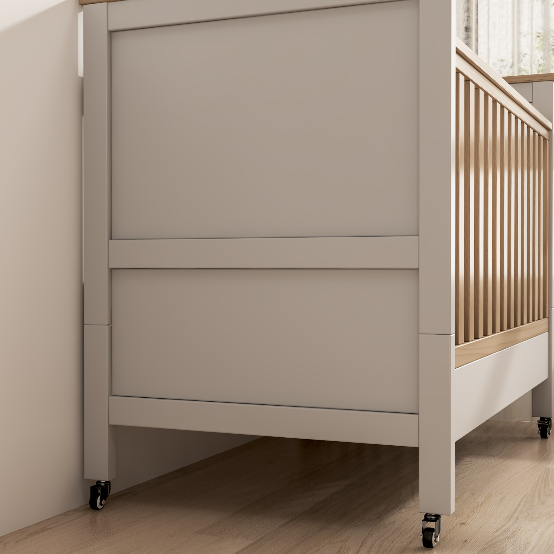 Modern Two-Tone Baby Crib | Adjustable Height Nursery Bed with Lockable Wheels